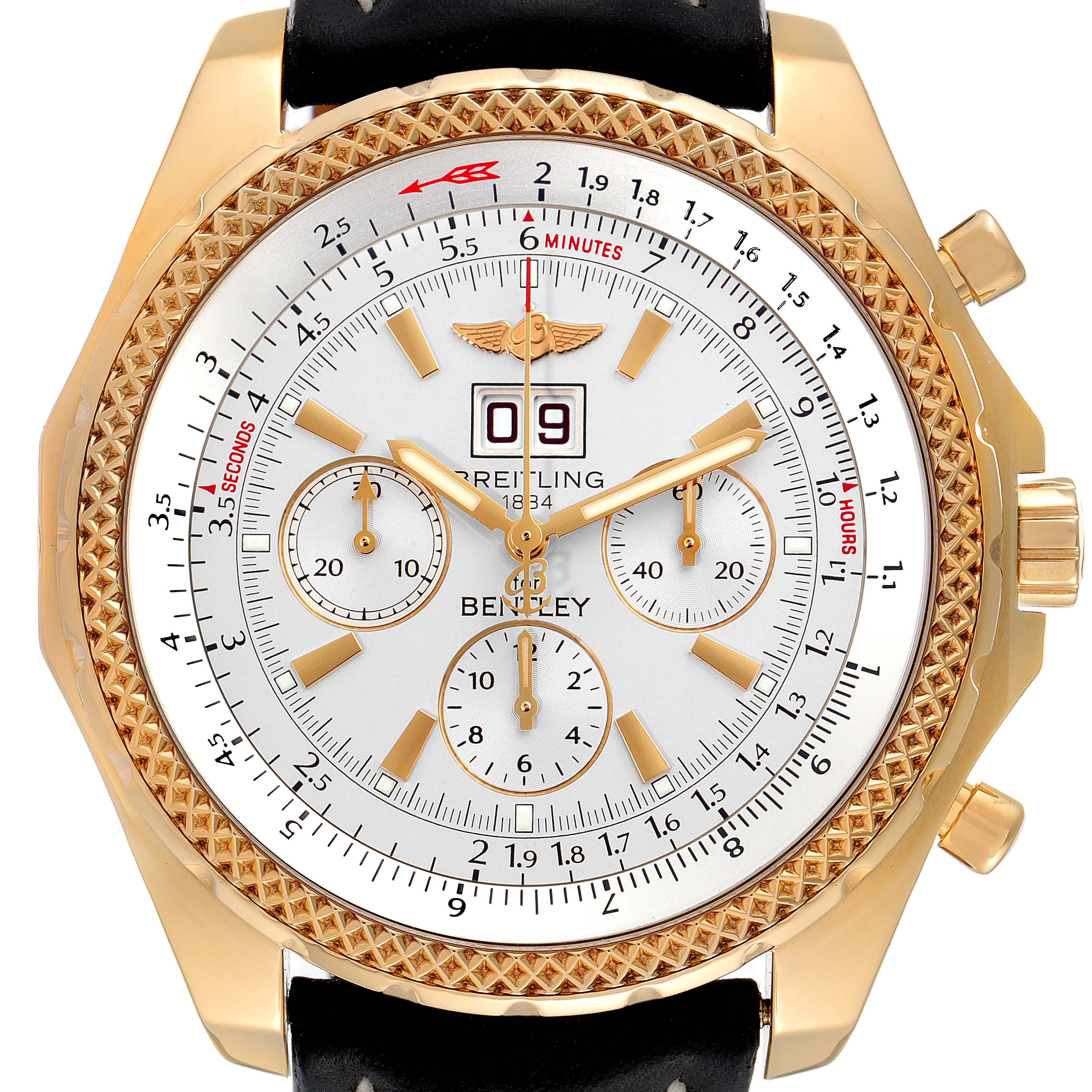 The image shows a front view of a Breitling Bentley K44362 Men's Yellow Gold Silver Dial K44362 Men's Yellow Gold Silver Dial model watch, highlighting its dial, subdials, bezel, and strap.