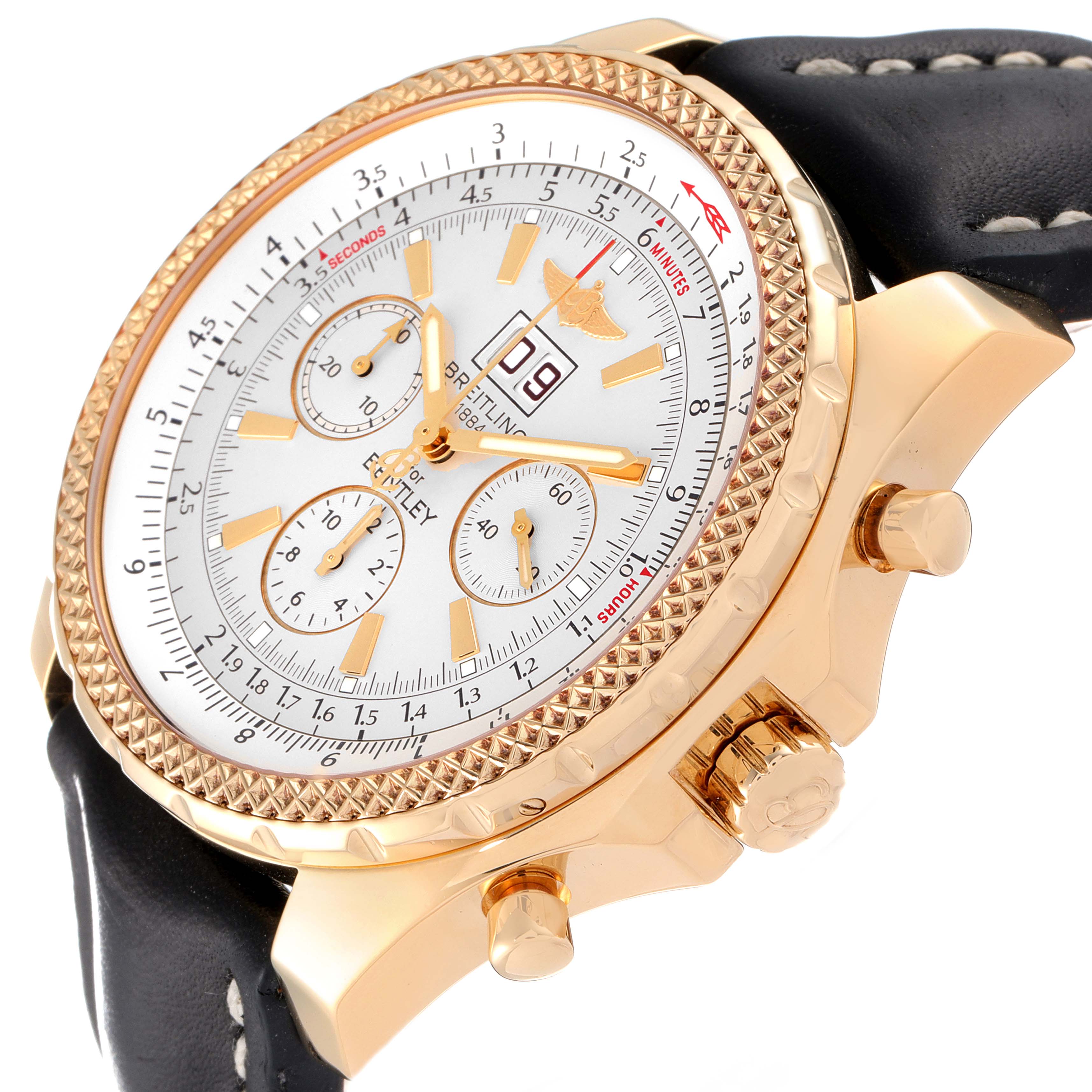 The image shows a close-up angled view of the Breitling Bentley K44362 Men's Yellow Gold Silver Dial K44362 Men's Yellow Gold Silver Dial model watch, highlighting its dial, bezel, crown, and leather strap.