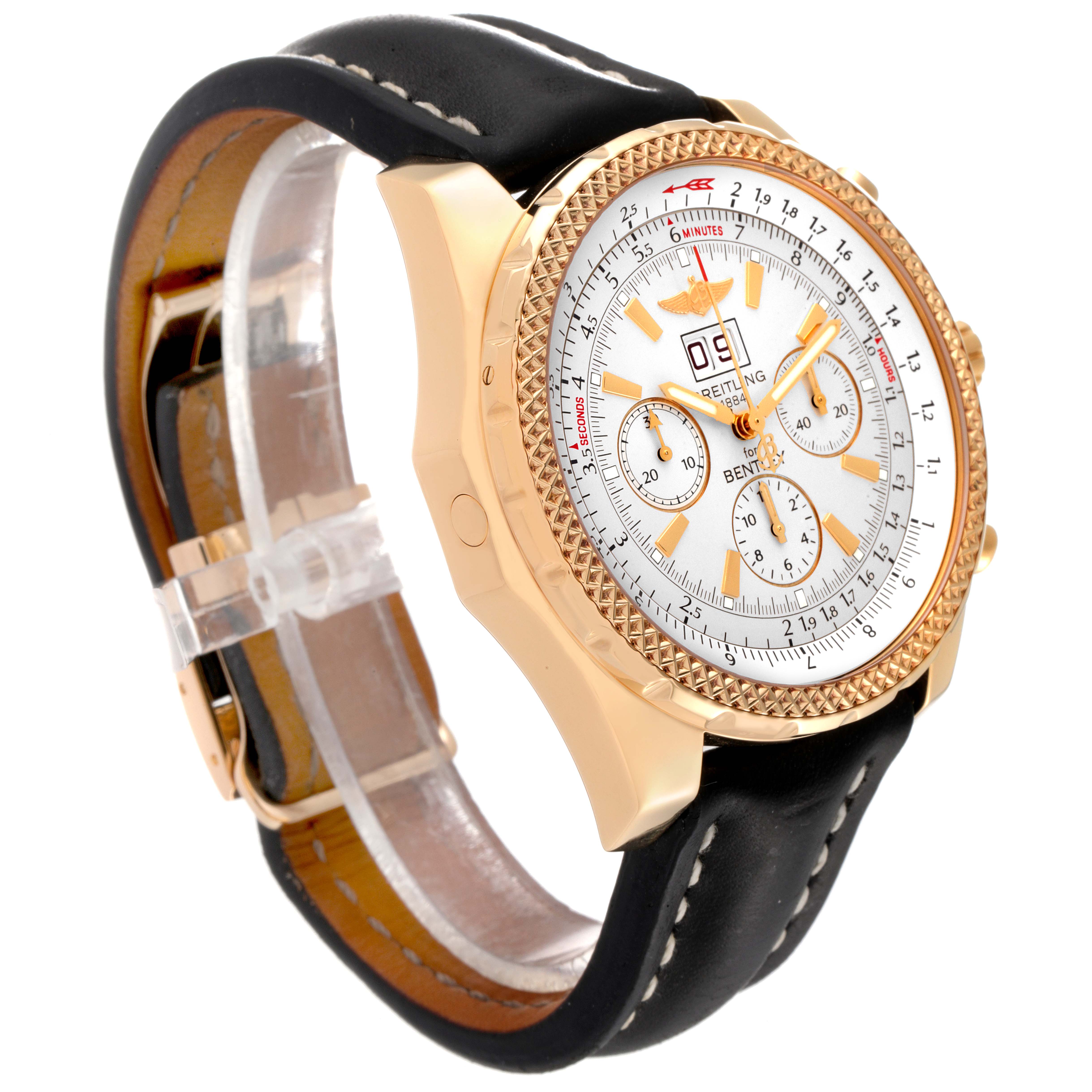 The image shows a side angle view of a Breitling Bentley K44362 Men's Yellow Gold Silver Dial K44362 Men's Yellow Gold Silver Dial model watch, highlighting the face, bezel, and partially the strap.