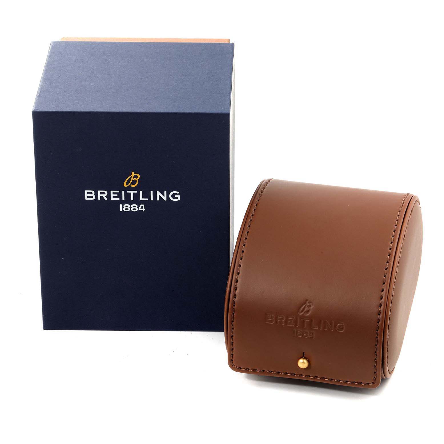 The image shows the packaging and leather case of a Breitling Bentley K44362 Men's Yellow Gold Silver Dial K44362 Men's Yellow Gold Silver Dial watch from a front angle.