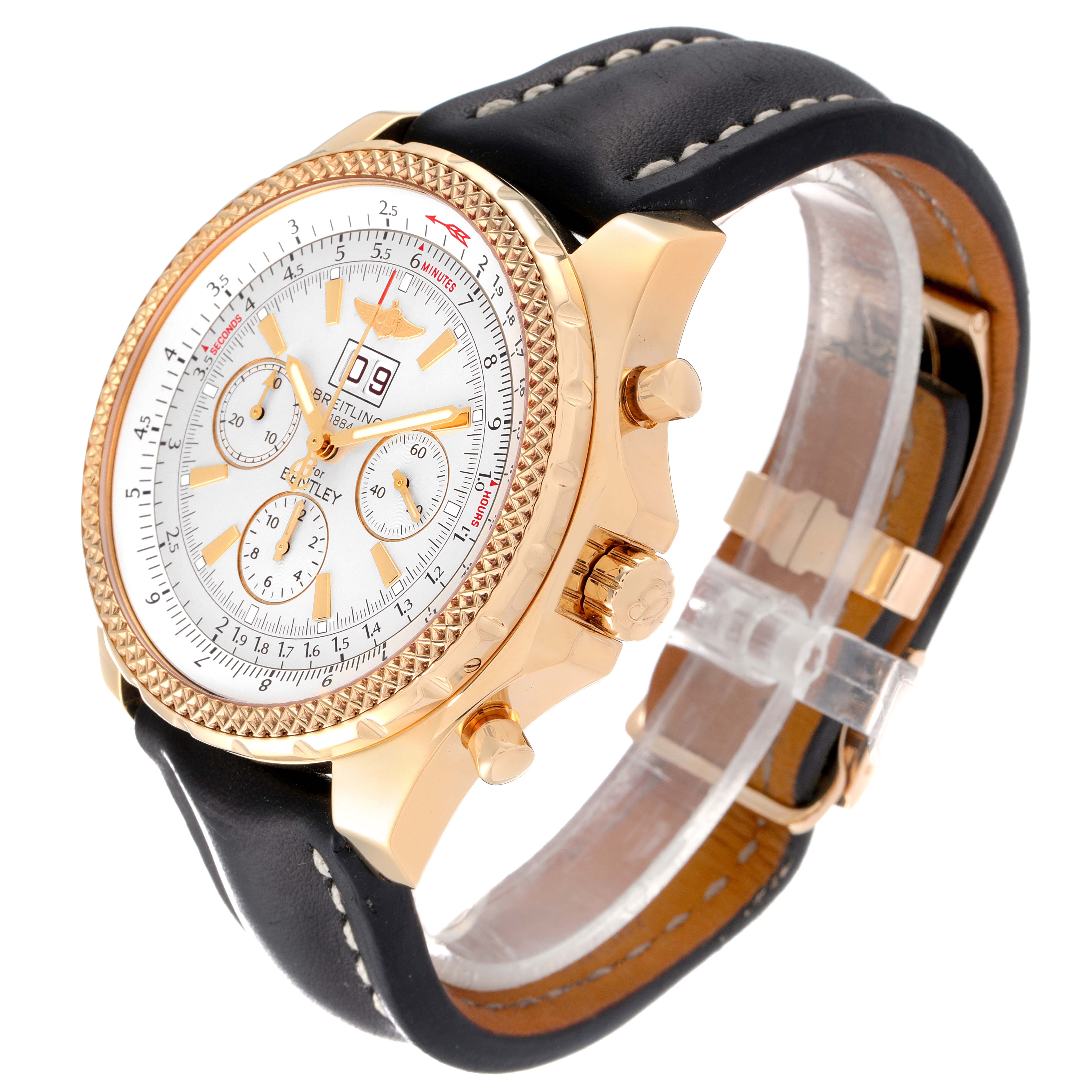 The image shows a Bentley model by Breitling from a three-quarter angle, highlighting its gold bezel, white dial, and black leather strap.
