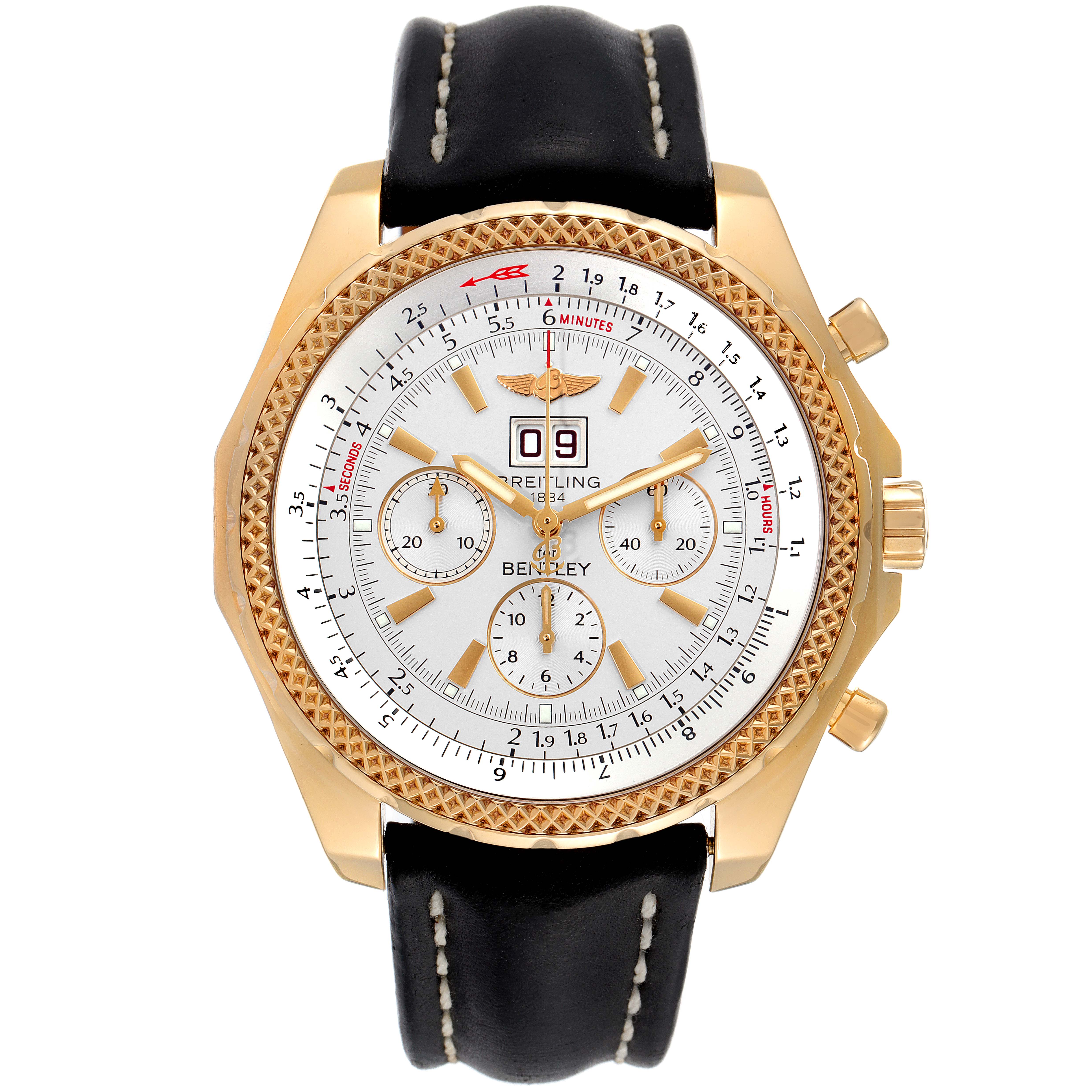 The image shows a frontal view of a Breitling Bentley K44362 Men's Yellow Gold Silver Dial K44362 Men's Yellow Gold Silver Dial model watch, including its face, bezel, and black leather strap.