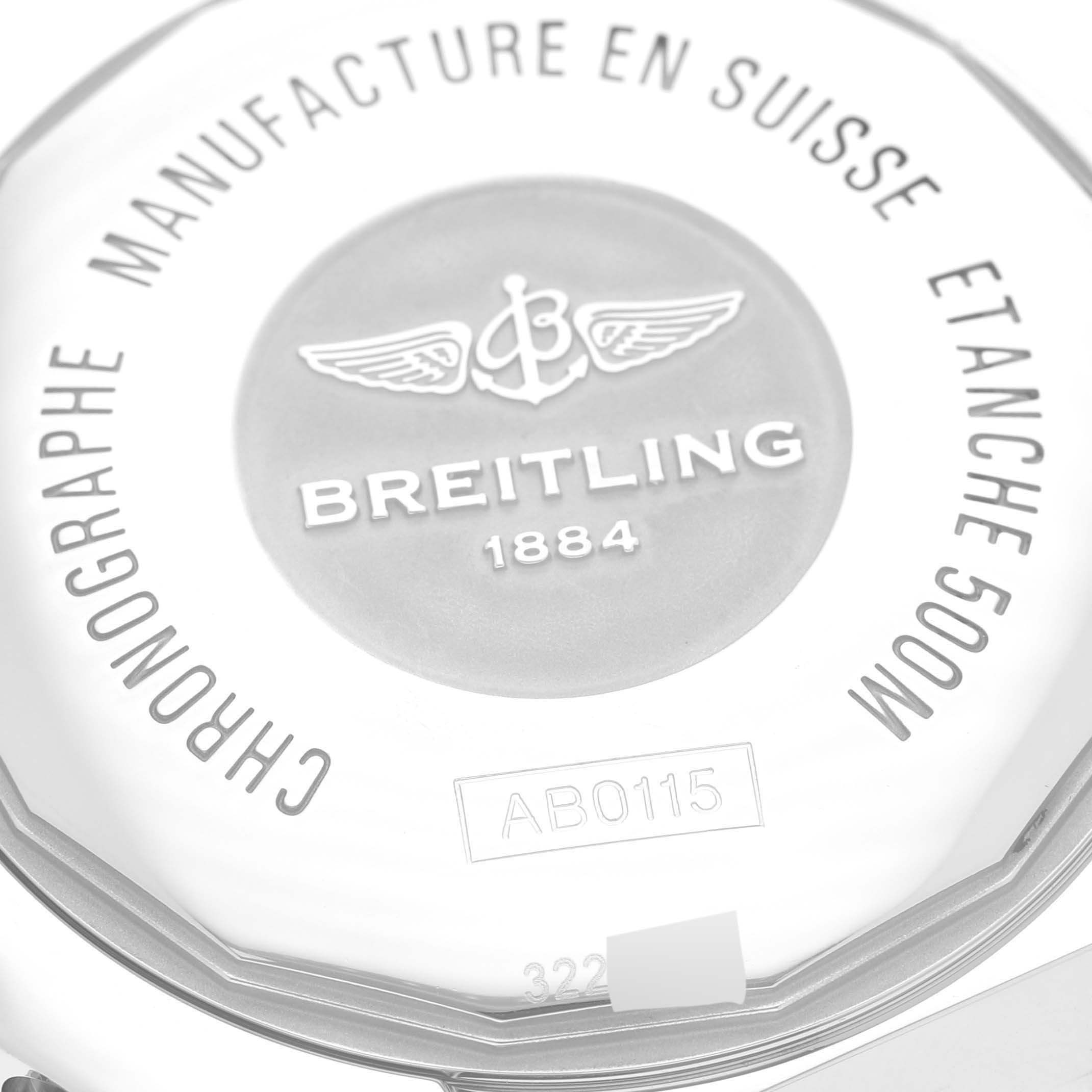 This image shows the back case of a Breitling Chronomat AB0115 Men
s Stainless Steel Blue Dial AB0115 Men
s Stainless Steel Blue Dial watch, highlighting the branding and inscriptions.