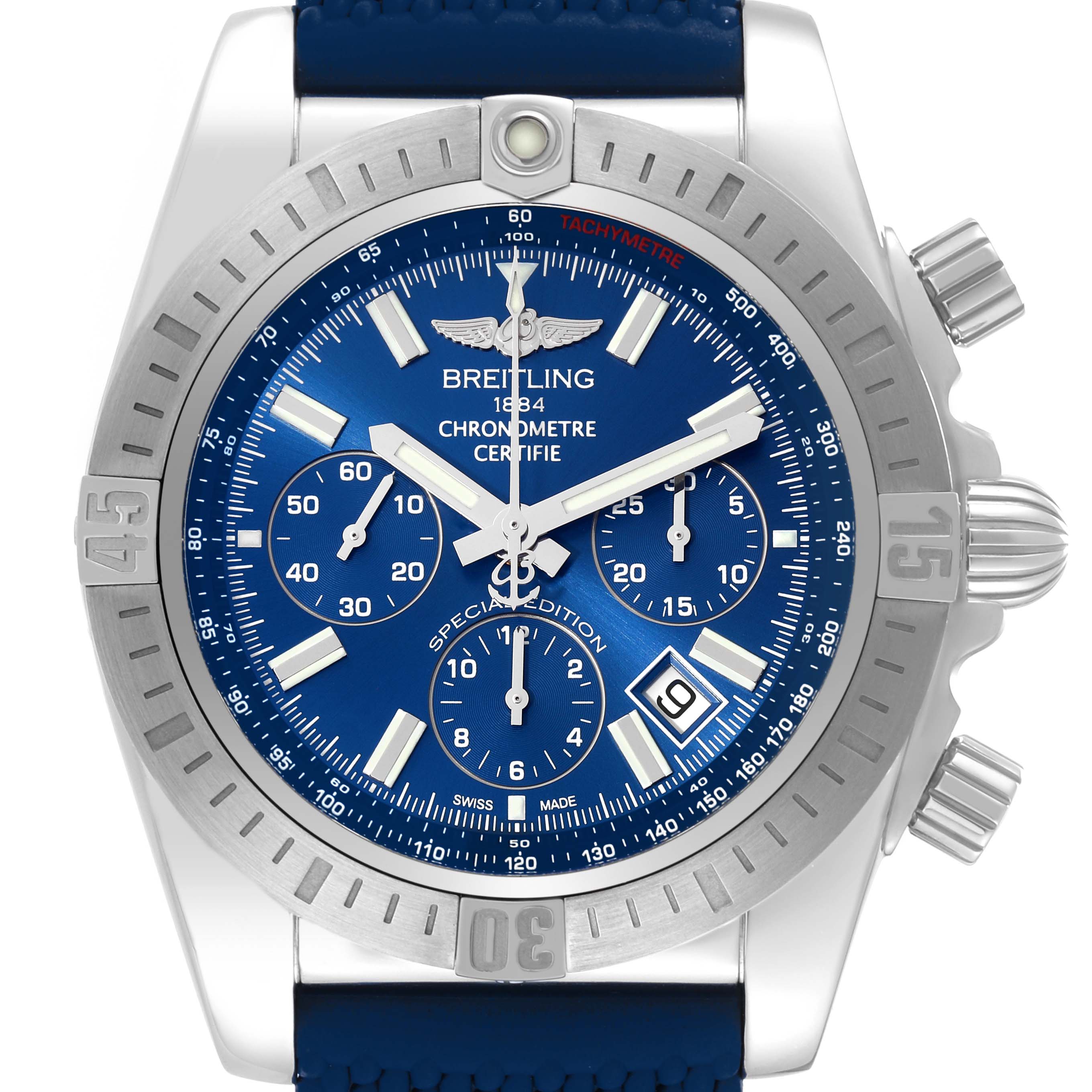 The image shows a frontal view of the Breitling Chronomat AB0115 Men
s Stainless Steel Blue Dial AB0115 Men
s Stainless Steel Blue Dial watch, highlighting the blue dial, bezel, subdials, and crown.