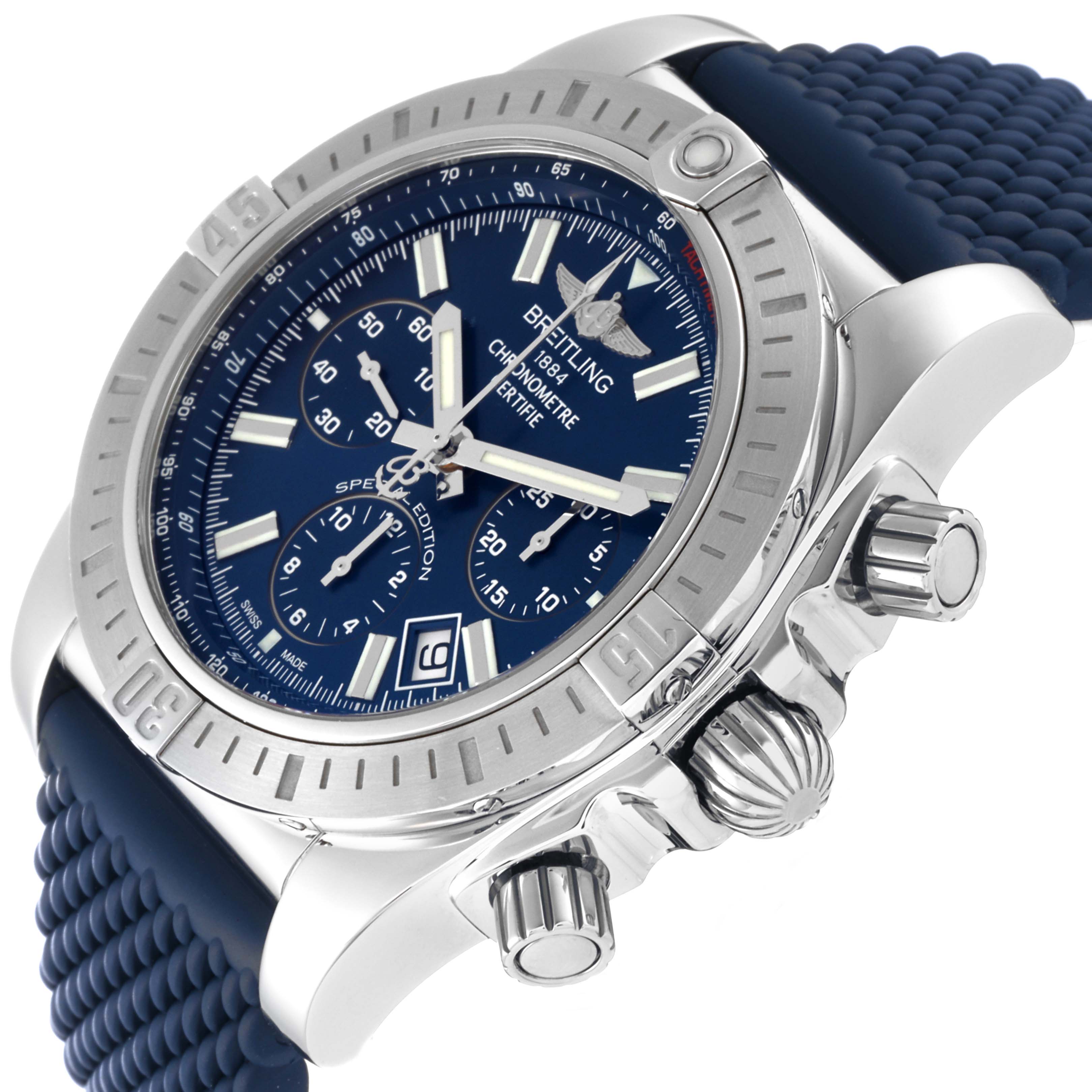 The image shows a close-up angled view of the dial, bezel, crown, chronograph pushers, and part of the band of the Breitling Chronomat AB0115 Men
s Stainless Steel Blue Dial AB0115 Men
s Stainless Steel Blue Dial watch.