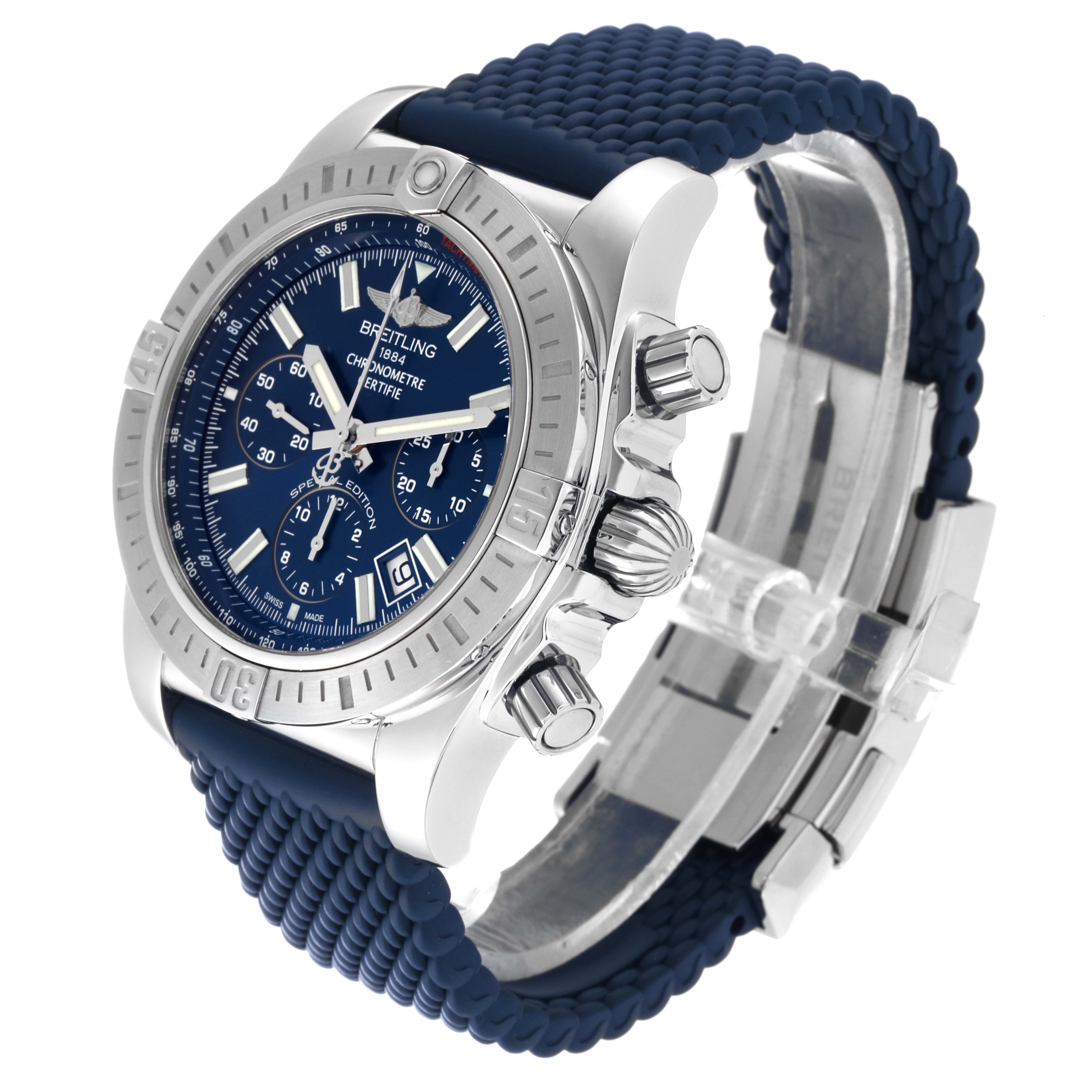 This image shows a side view of the Breitling Chronomat AB0115 Men
s Stainless Steel Blue Dial AB0115 Men
s Stainless Steel Blue Dial watch, highlighting its face, crown, bezel, and blue strap.