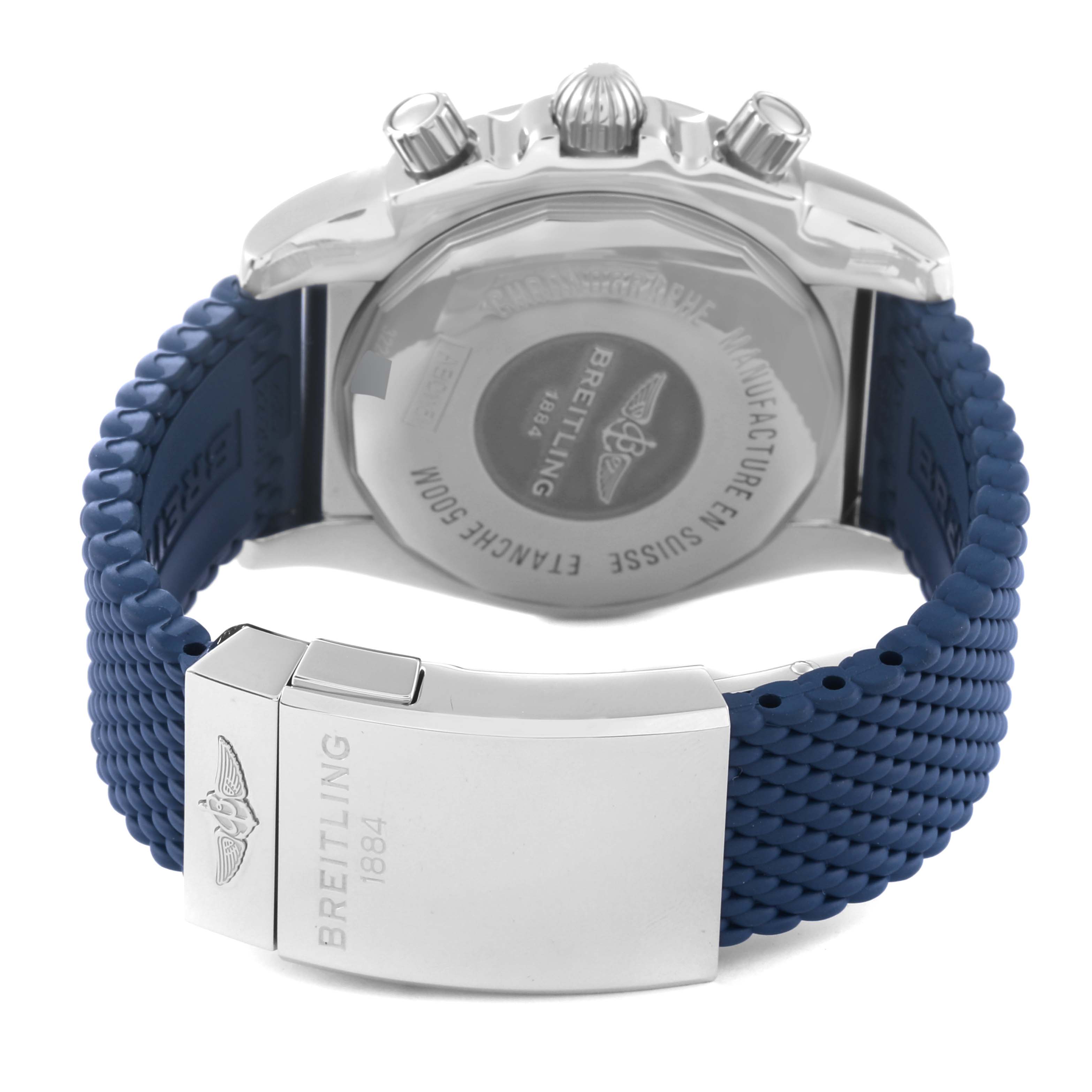 This Breitling Chronomat AB0115 Men
s Stainless Steel Blue Dial AB0115 Men
s Stainless Steel Blue Dial watch is shown from the back, displaying the case back and blue strap with the clasp prominently visible.