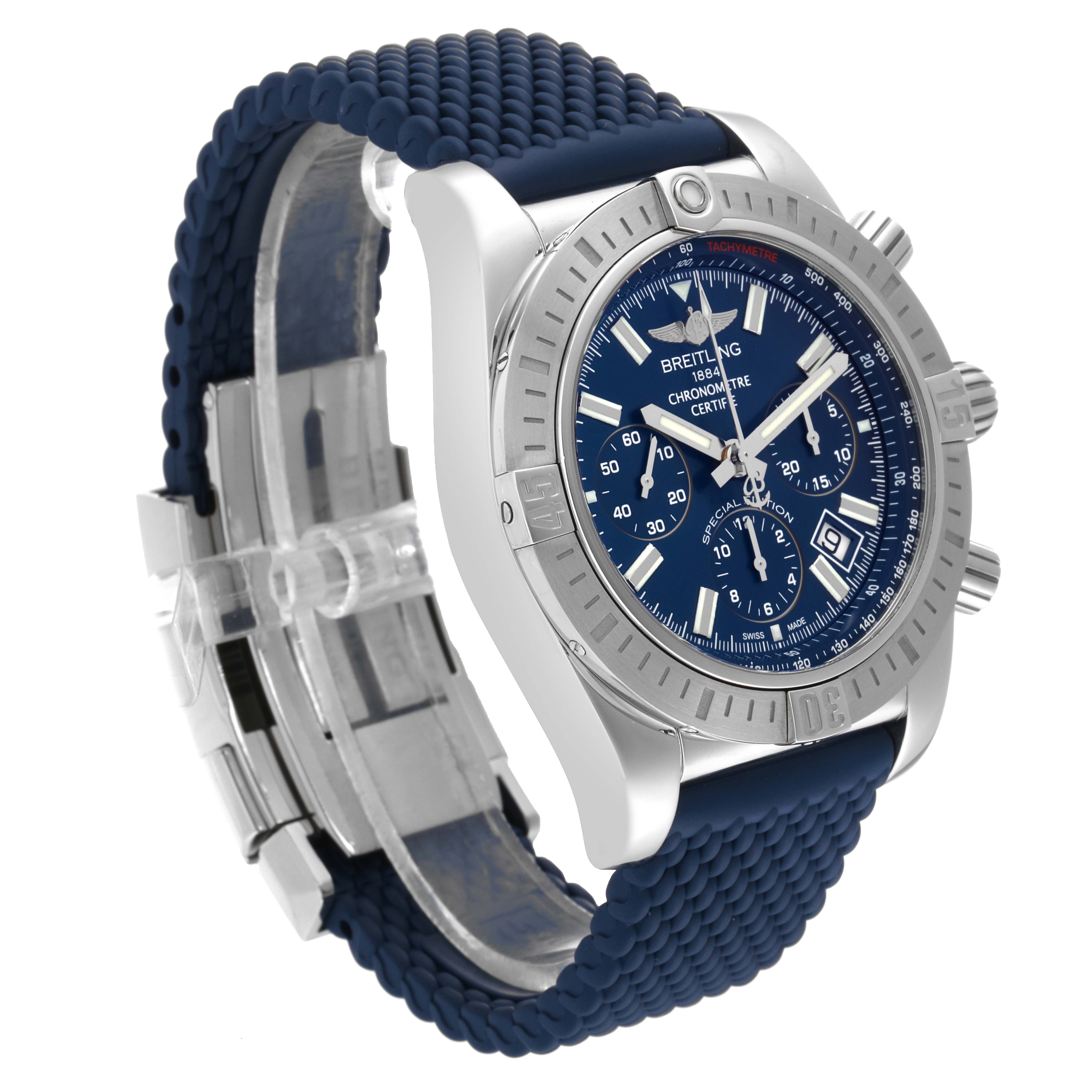 This image shows a Breitling Chronomat AB0115 Men
s Stainless Steel Blue Dial AB0115 Men
s Stainless Steel Blue Dial watch at a three-quarter angle, highlighting its face, bezel, and strap.