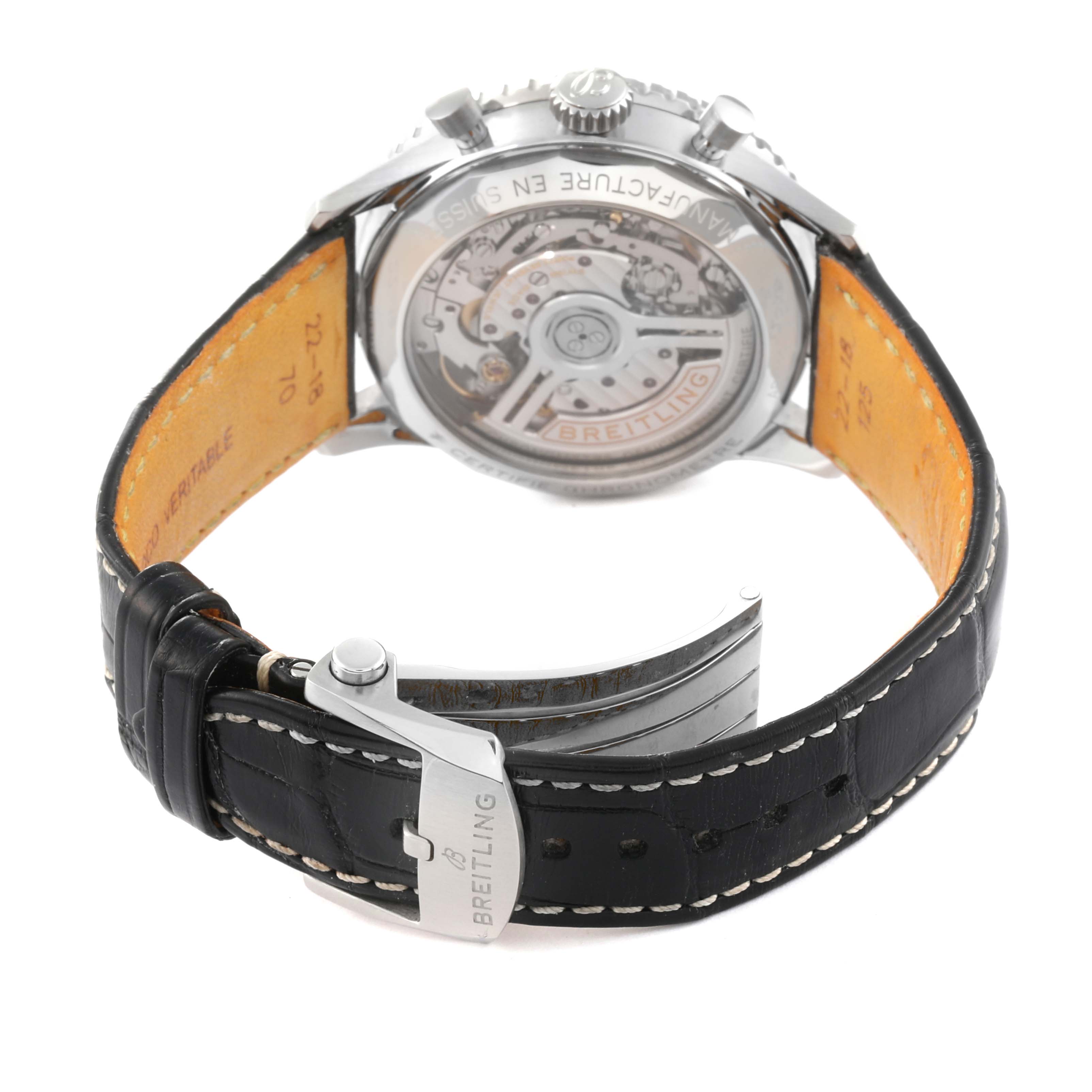 The image shows the back and open clasp of a Breitling Navitimer AB0139241C1A1 Men's Stainless Steel Blue Dial AB0139241C1A1 Men's Stainless Steel Blue Dial watch, revealing the automatic movement and leather strap.