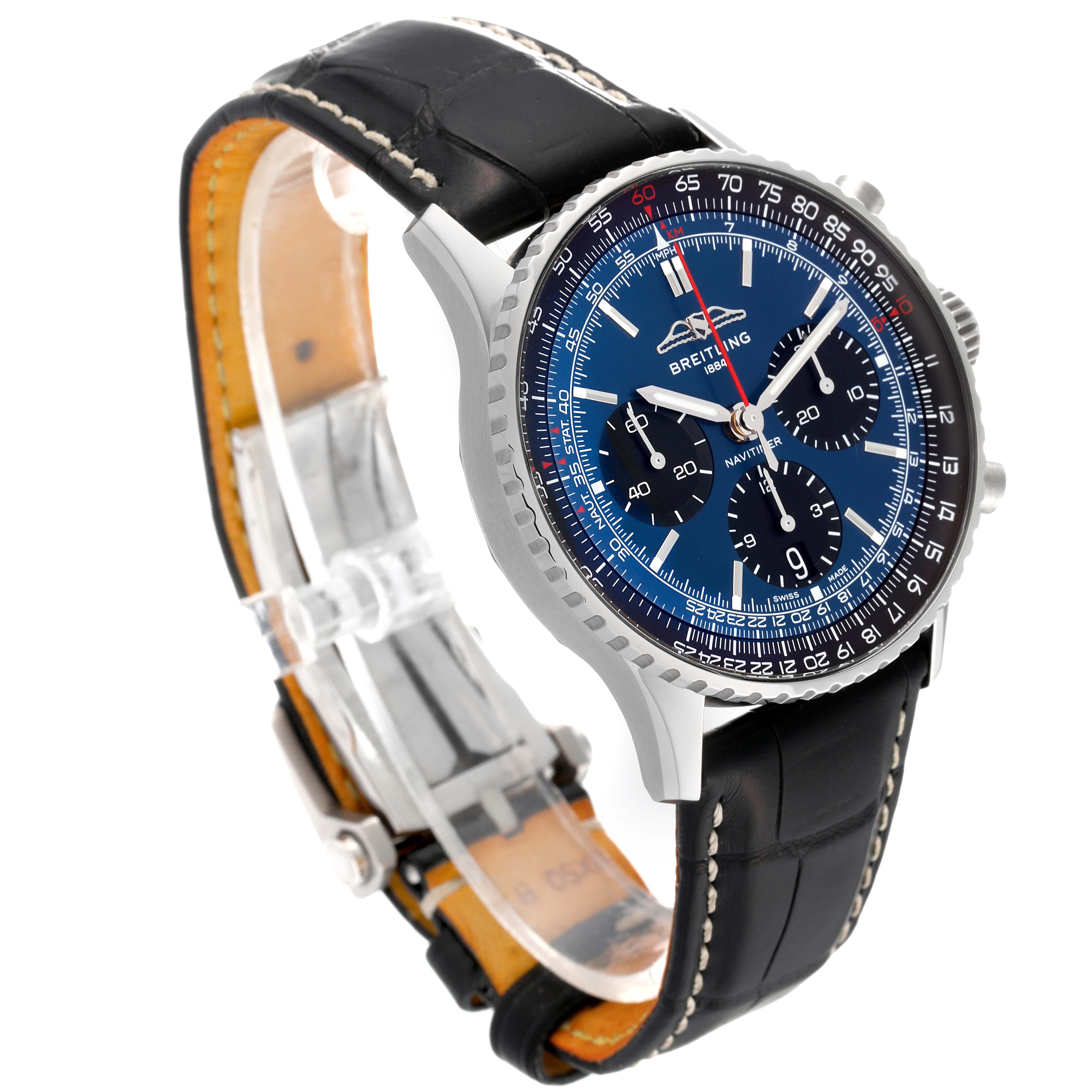 The image shows a Breitling Navitimer AB0139241C1A1 Men's Stainless Steel Blue Dial AB0139241C1A1 Men's Stainless Steel Blue Dial watch at a three-quarter angle, highlighting its dial, bezel, and leather strap.