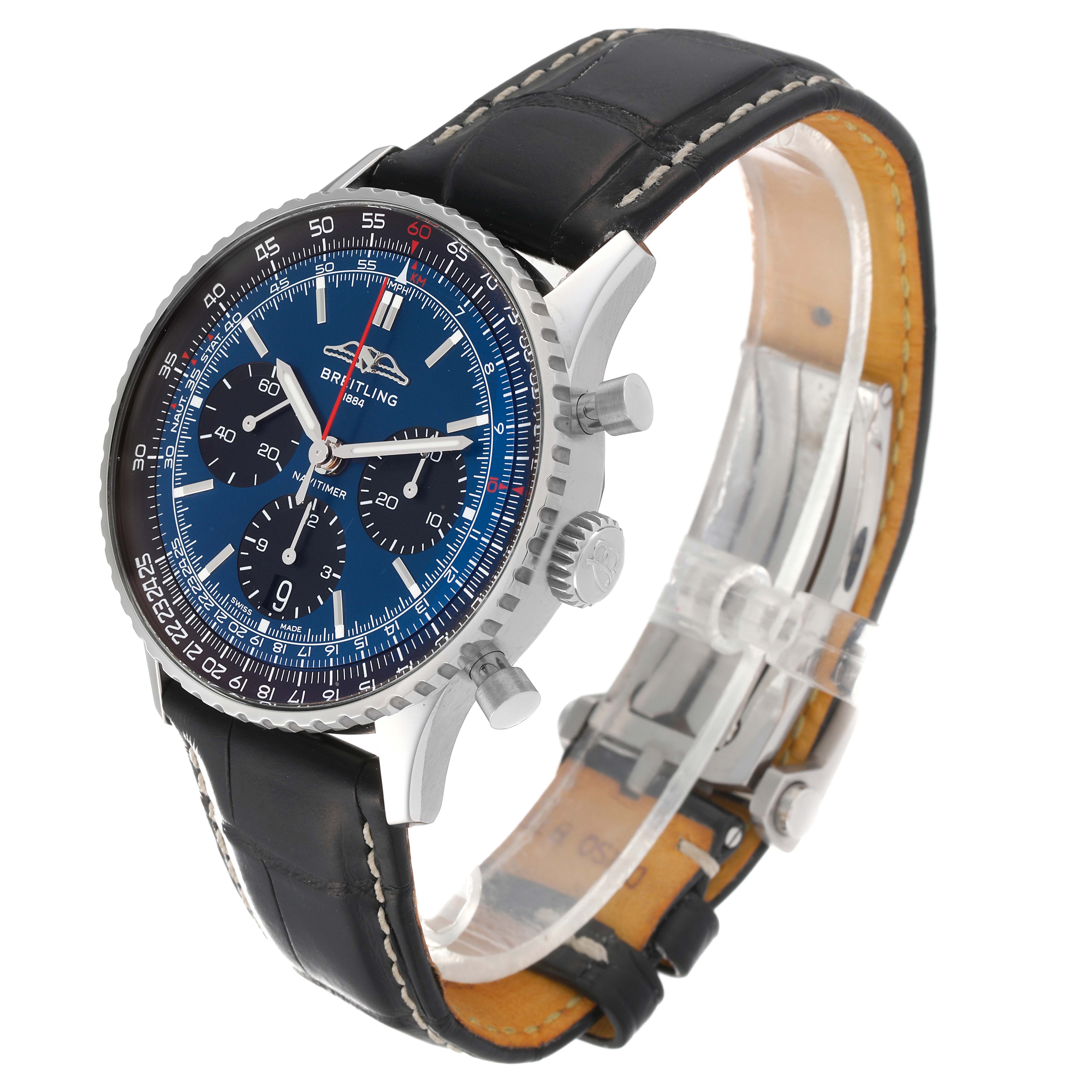 The image shows a side angle of the Breitling Navitimer AB0139241C1A1 Men's Stainless Steel Blue Dial AB0139241C1A1 Men's Stainless Steel Blue Dial watch, highlighting the face, bezel, crown, pushers, and leather strap.