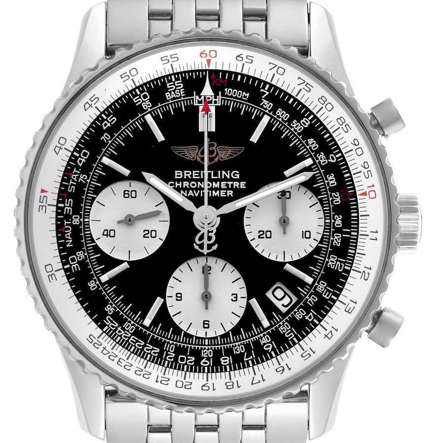 The Breitling Navitimer watch is shown from the front, displaying its face, bezel, and stainless steel bracelet.