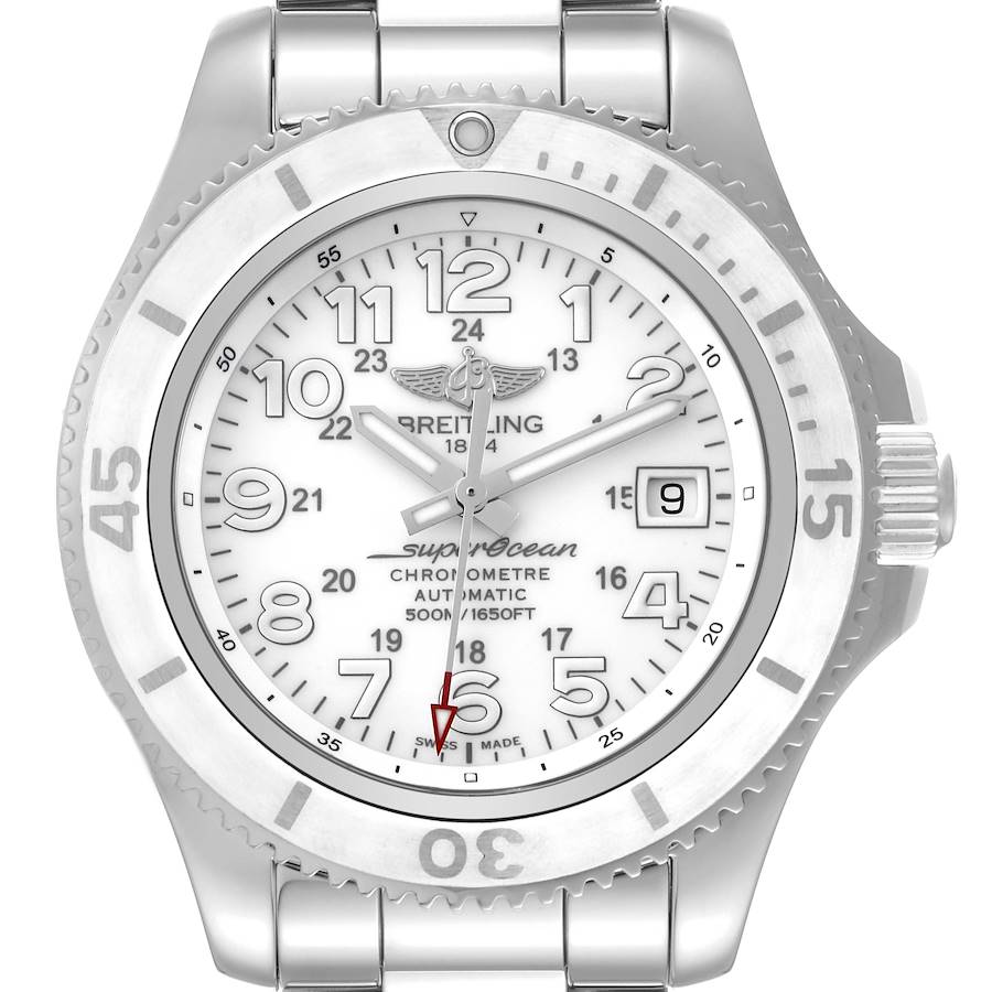 The Breitling Superocean watch is shown from a top-down angle, highlighting its dial, bezel, and bracelet.