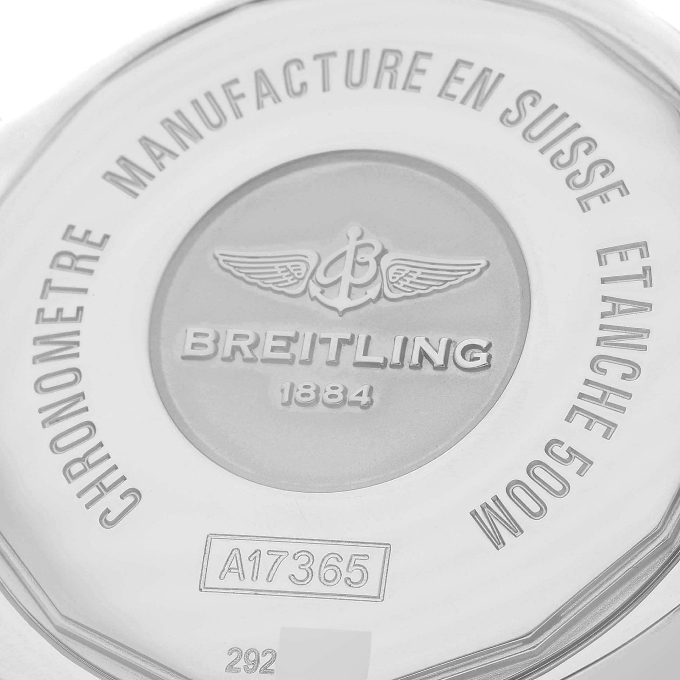 The image shows the back case of the Breitling Superocean A17365 Men's Stainless Steel White Dial A17365 Men's Stainless Steel White Dial watch, highlighting the brand logo and model information.