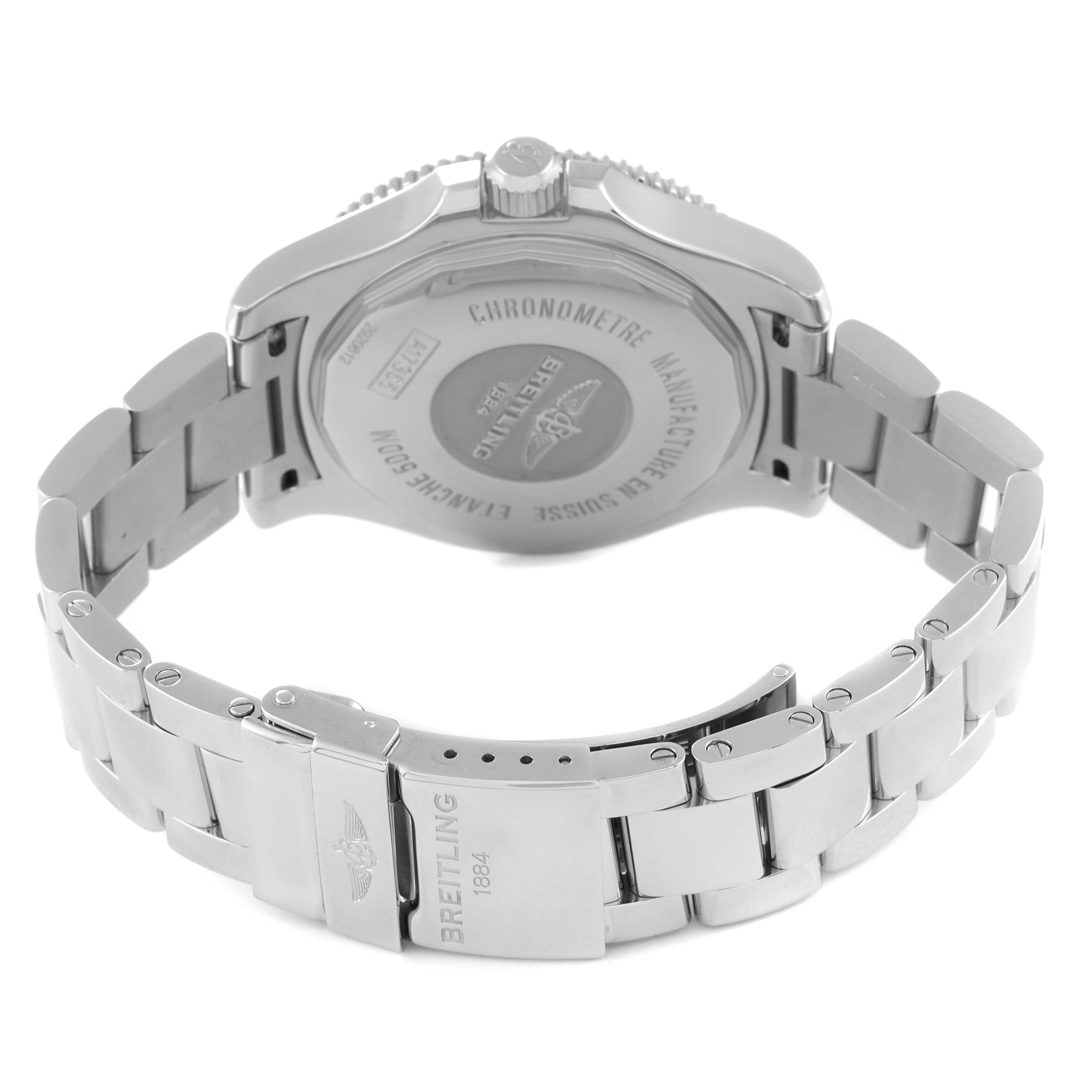 The image shows the back of the Breitling Superocean A17365 Men's Stainless Steel White Dial A17365 Men's Stainless Steel White Dial watch, highlighting the case back and bracelet with the clasp.