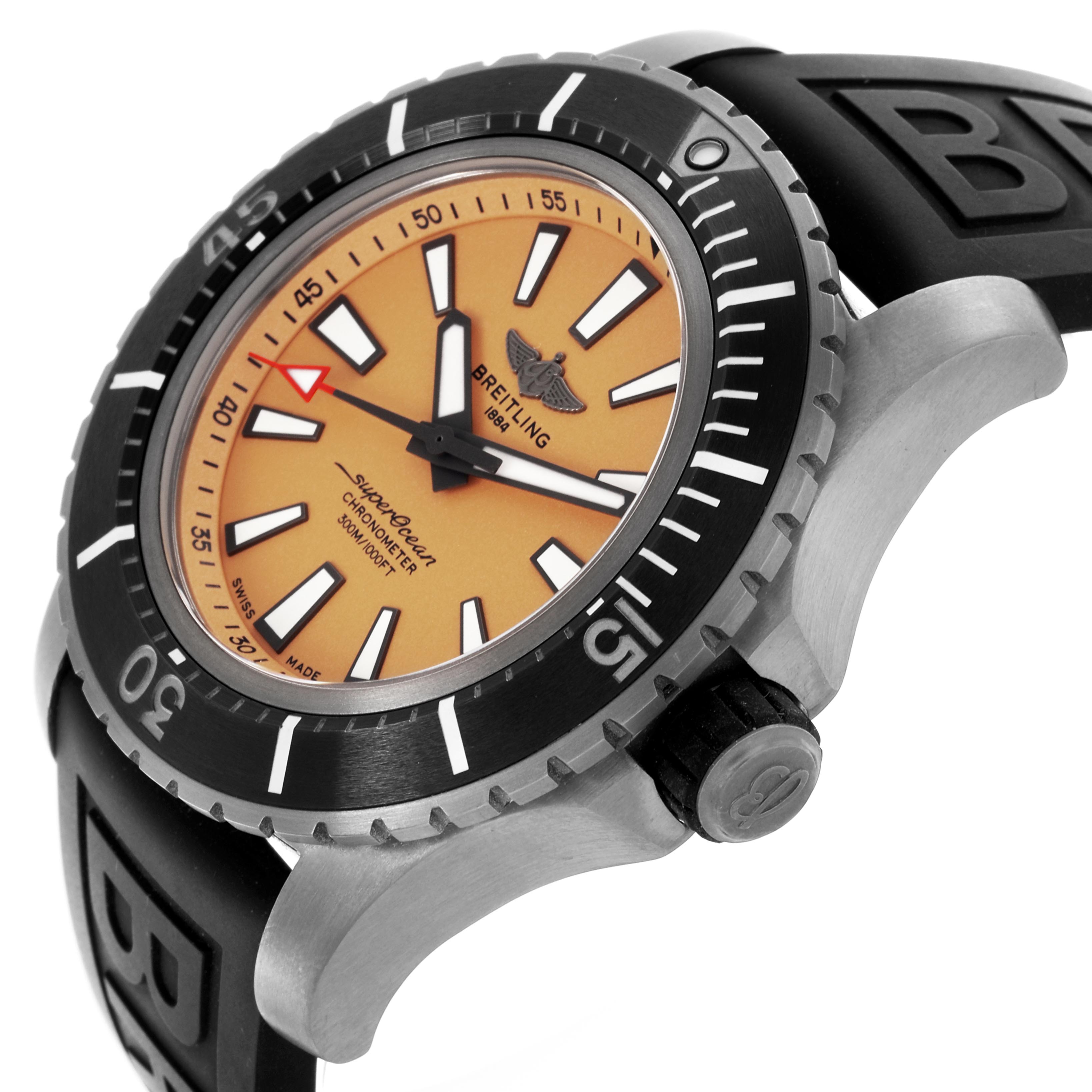 The Breitling Superocean E17369 Men's Titanium Yellow Dial E17369 Men's Titanium Yellow Dial watch is shown from a side angle, highlighting the dial, bezel, crown, and rubber strap.