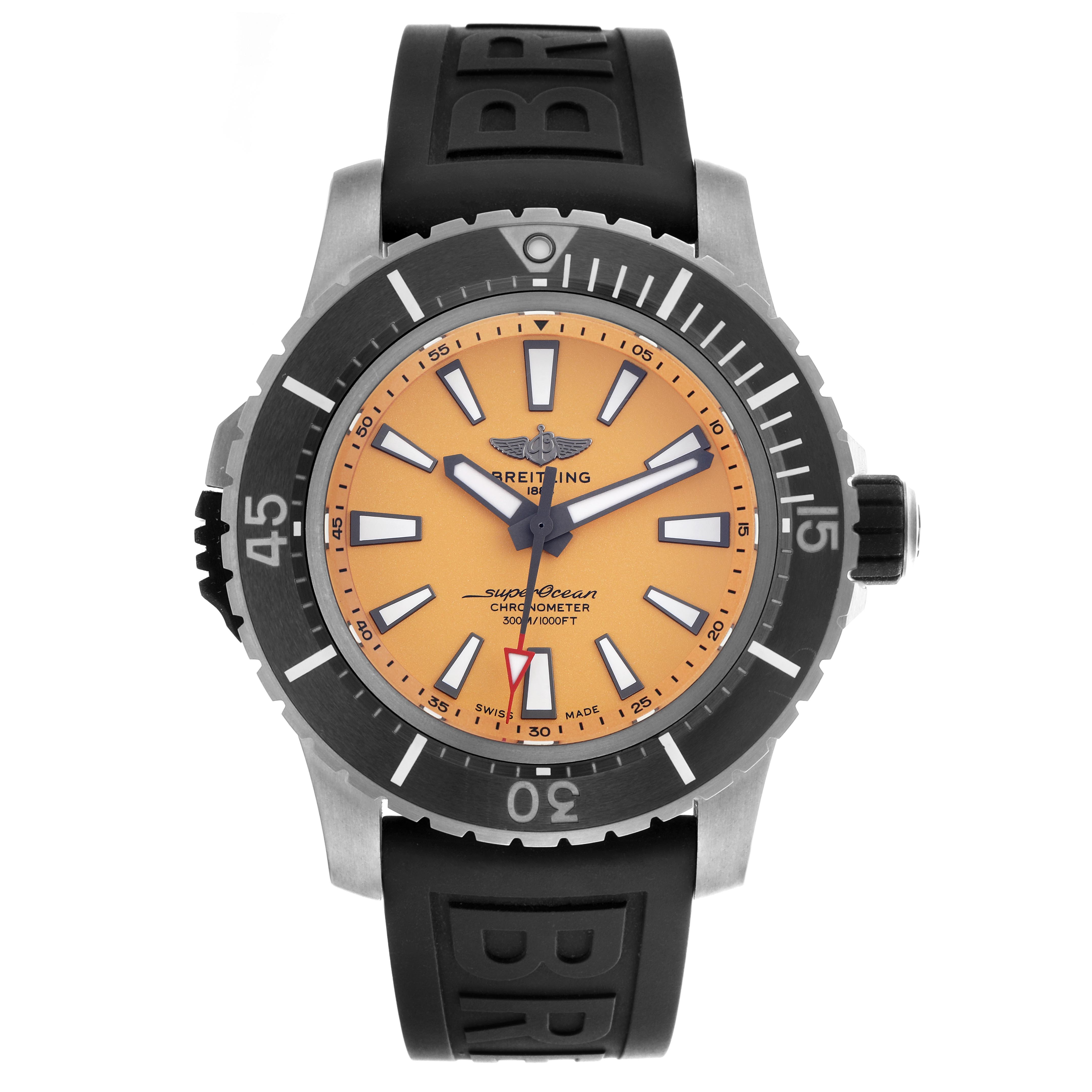 The Breitling Superocean E17369 Men's Titanium Yellow Dial E17369 Men's Titanium Yellow Dial watch is shown from the front, highlighting the bezel, dial, hands, and rubber strap.