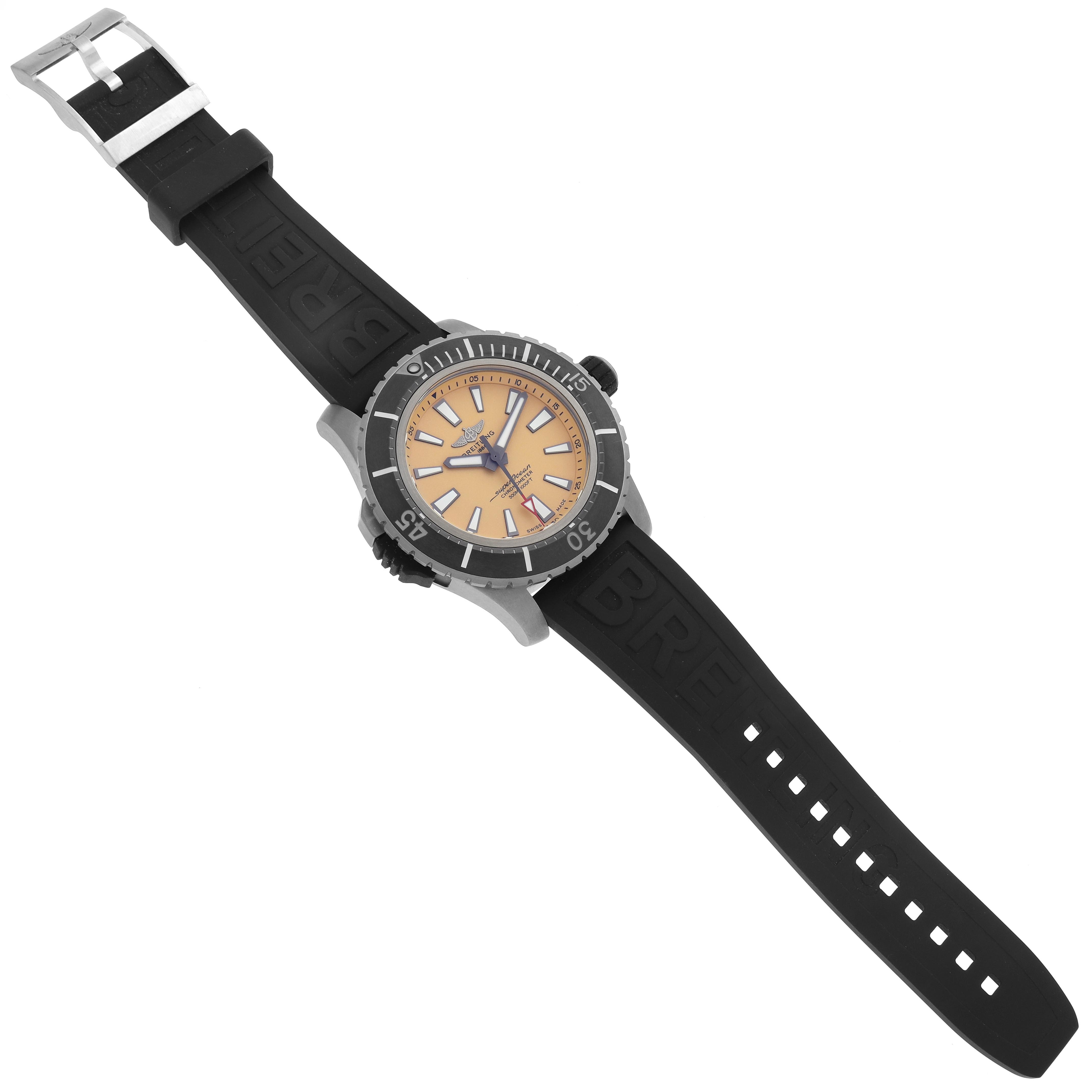 The Breitling Superocean E17369 Men's Titanium Yellow Dial E17369 Men's Titanium Yellow Dial watch is shown from the top, displaying the watch face, bezel, case, and black rubber strap.