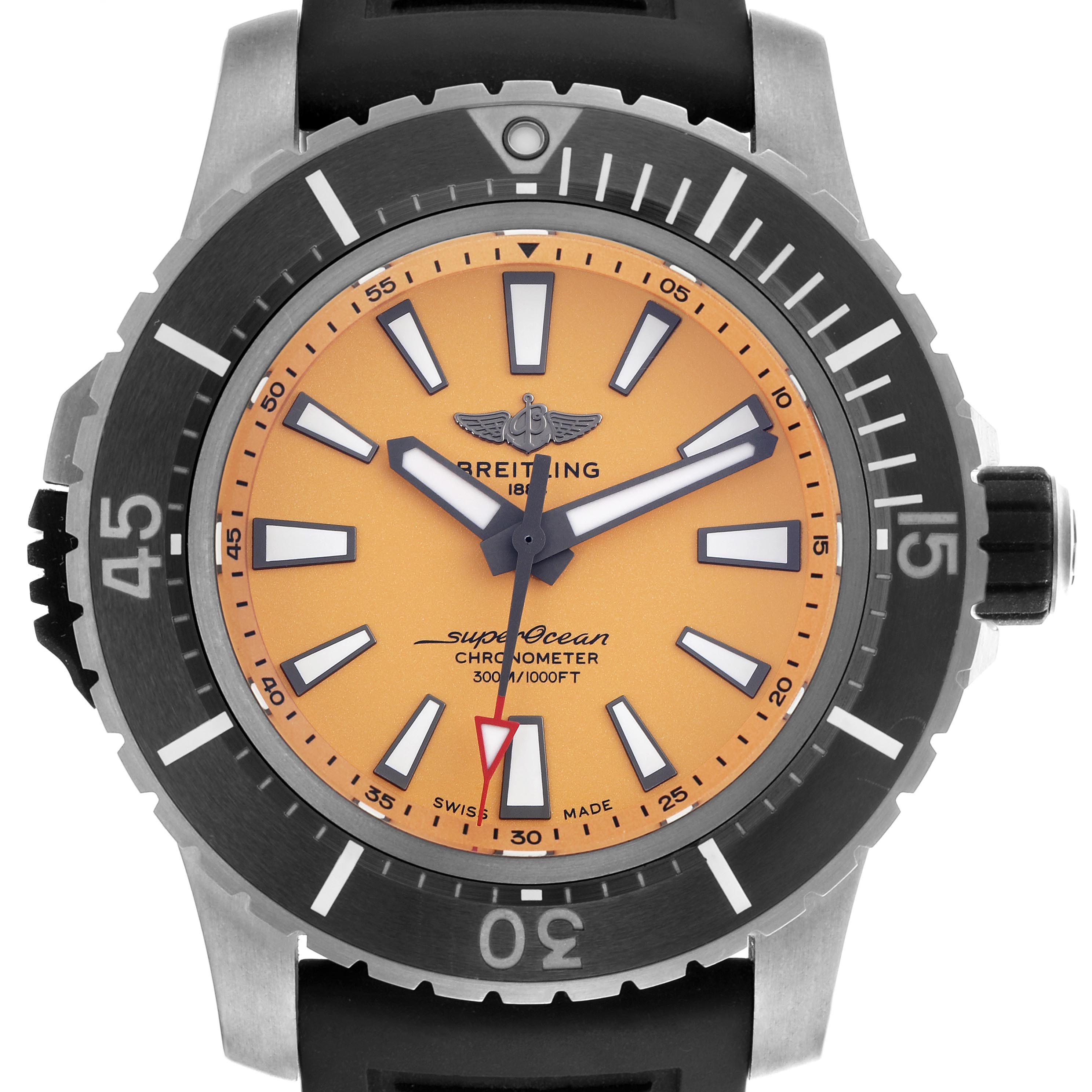 The Breitling Superocean E17369 Men's Titanium Yellow Dial E17369 Men's Titanium Yellow Dial watch is shown from a front angle, highlighting its dial, bezel, and strap.