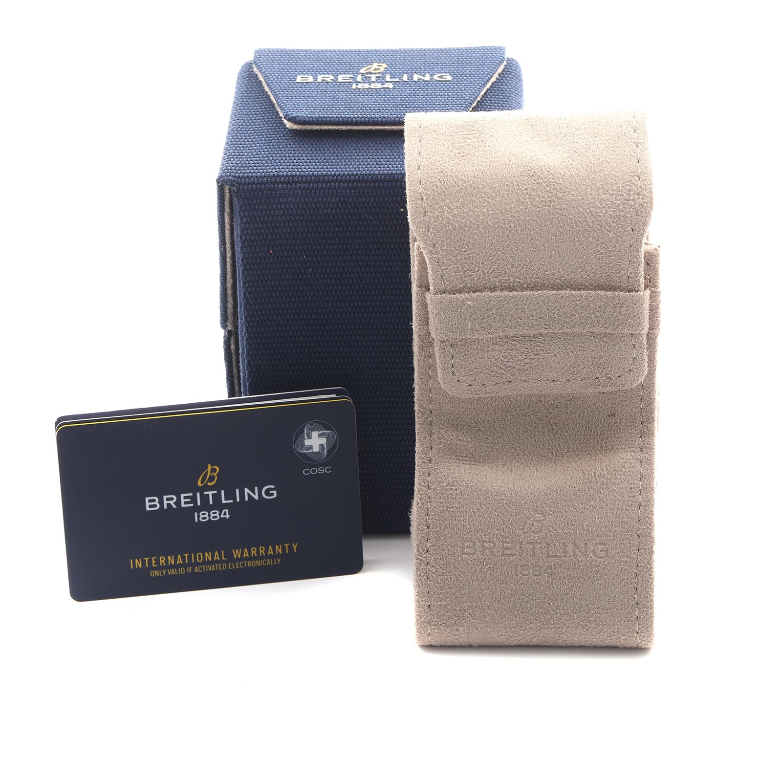 The image shows a Breitling Superocean E17369 Men's Titanium Yellow Dial E17369 Men's Titanium Yellow Dial box, a beige suede pouch, and an international warranty card.