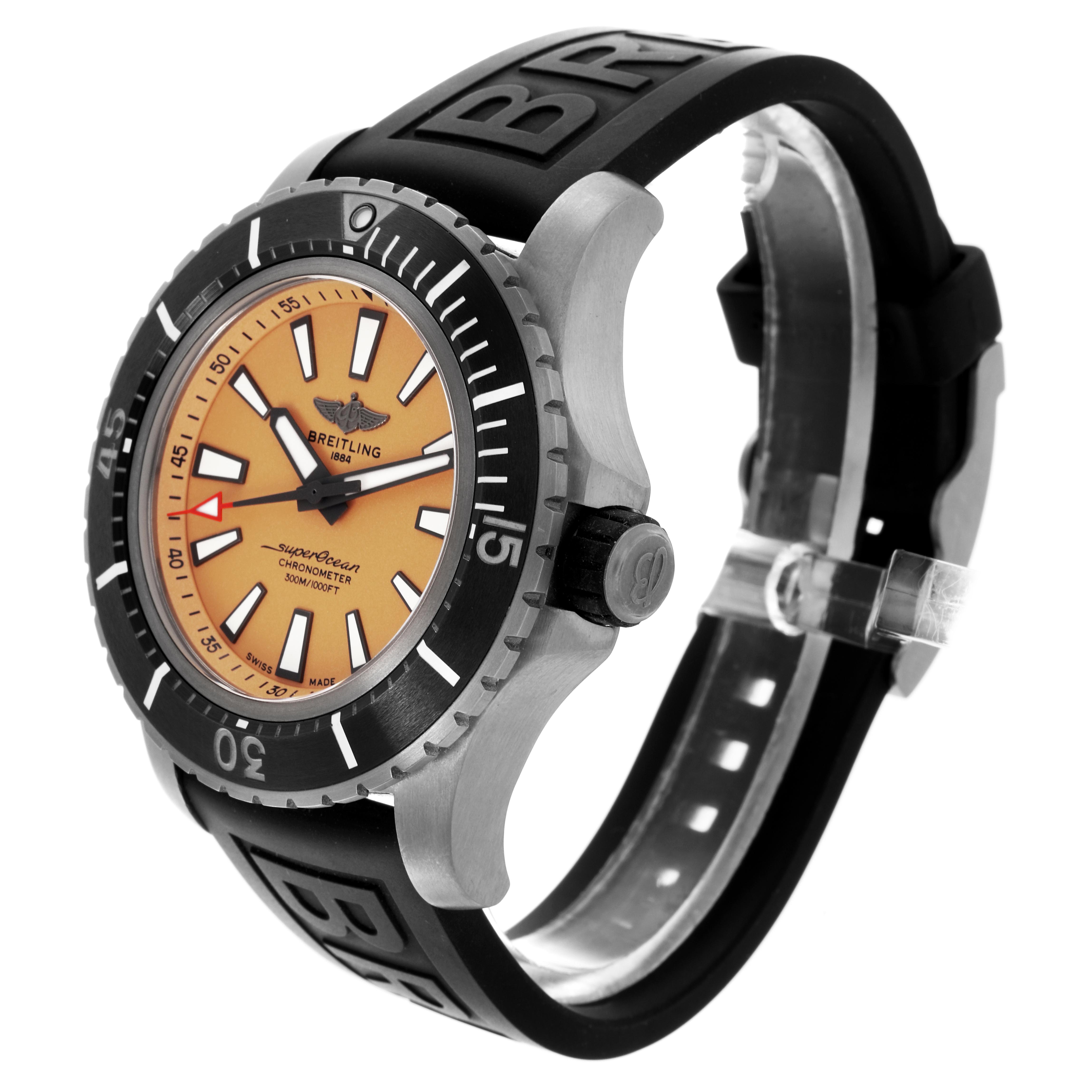 The Breitling Superocean E17369 Men's Titanium Yellow Dial E17369 Men's Titanium Yellow Dial watch is shown at a three-quarter angle, displaying the face, bezel, crown, and part of the strap.