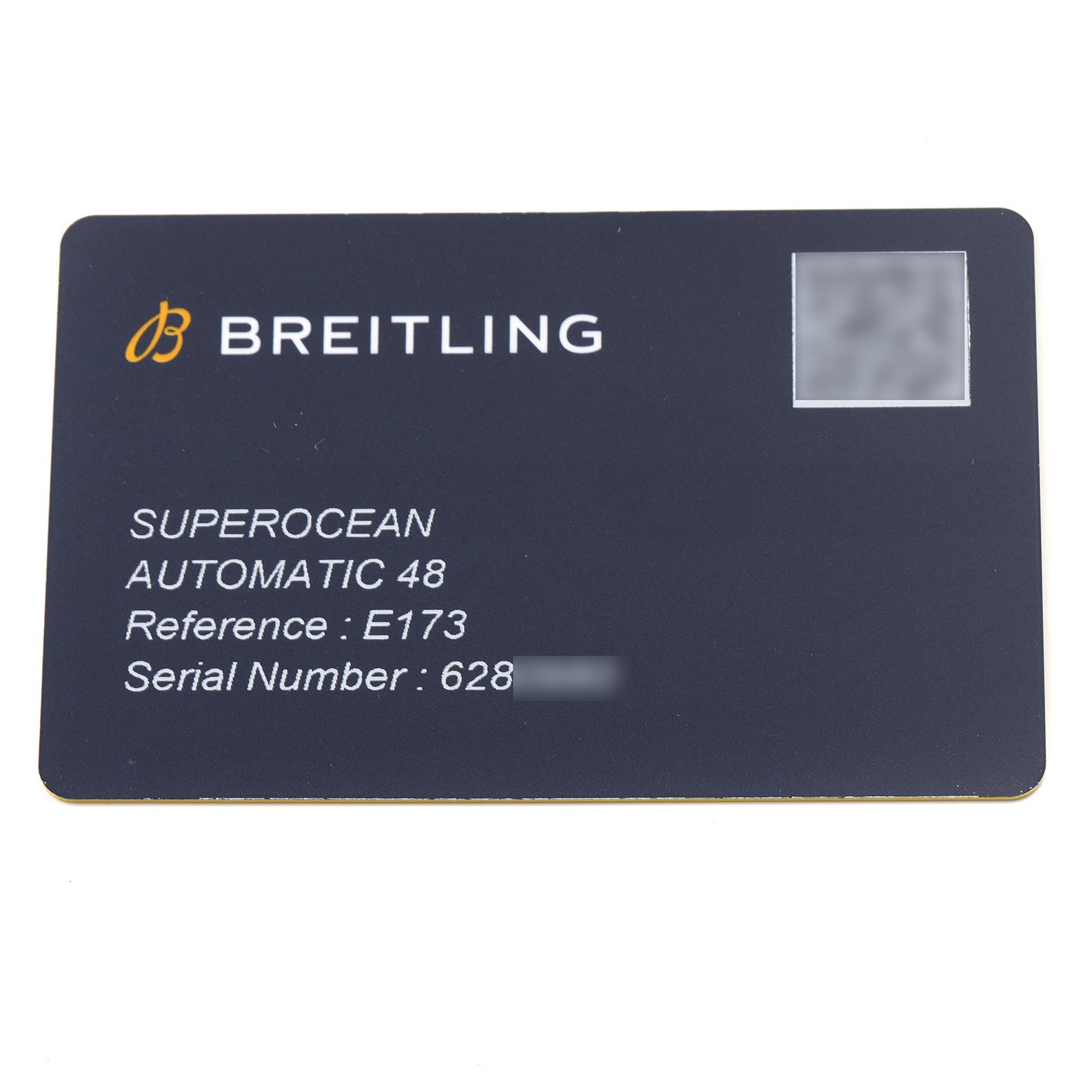 The image shows a warranty card for the Breitling Superocean E17369 Men's Titanium Yellow Dial E17369 Men's Titanium Yellow Dial model, highlighting model and serial numbers.