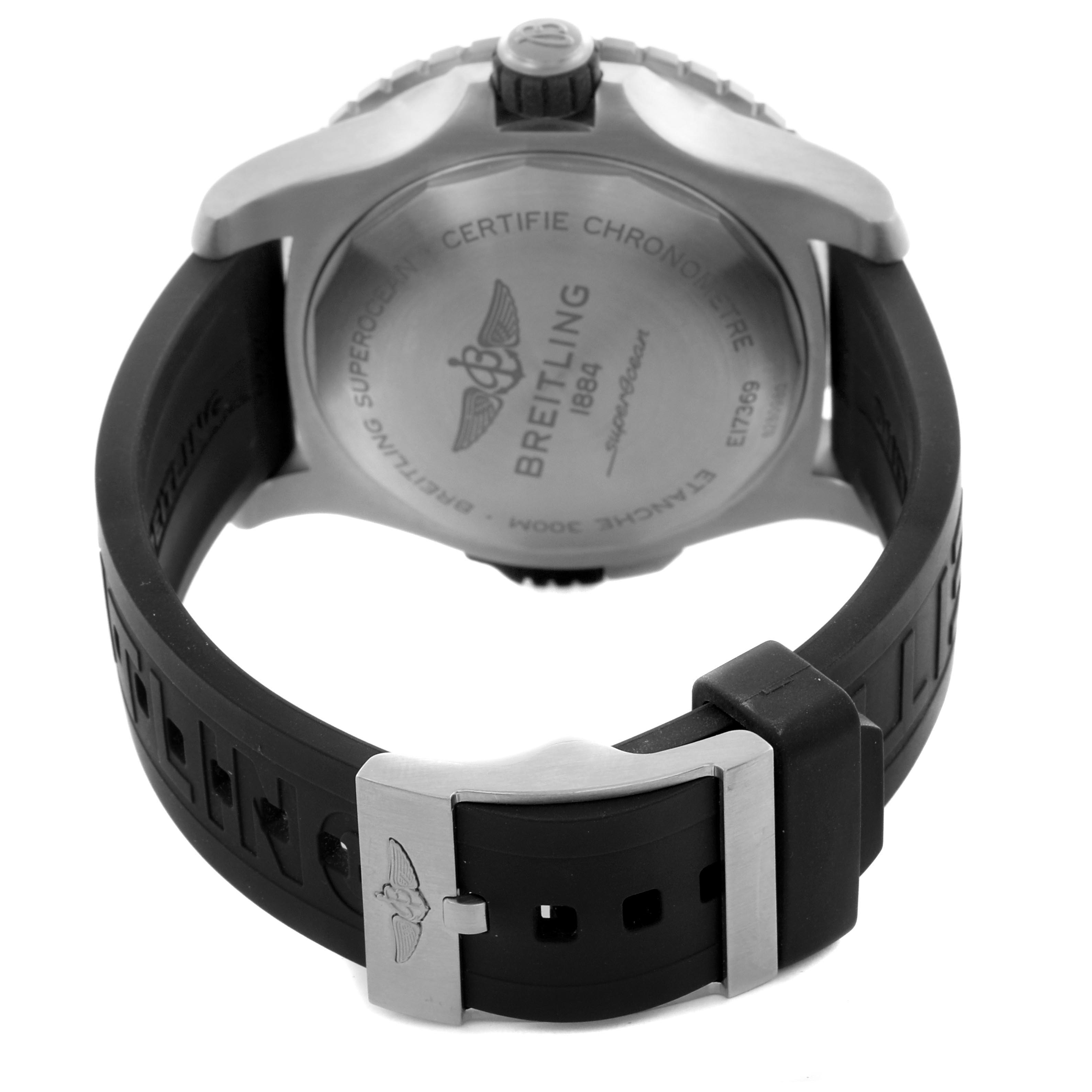 The image shows a Breitling Superocean E17369 Men's Titanium Yellow Dial E17369 Men's Titanium Yellow Dial watch from the back, highlighting the case back, buckle, and rubber strap.