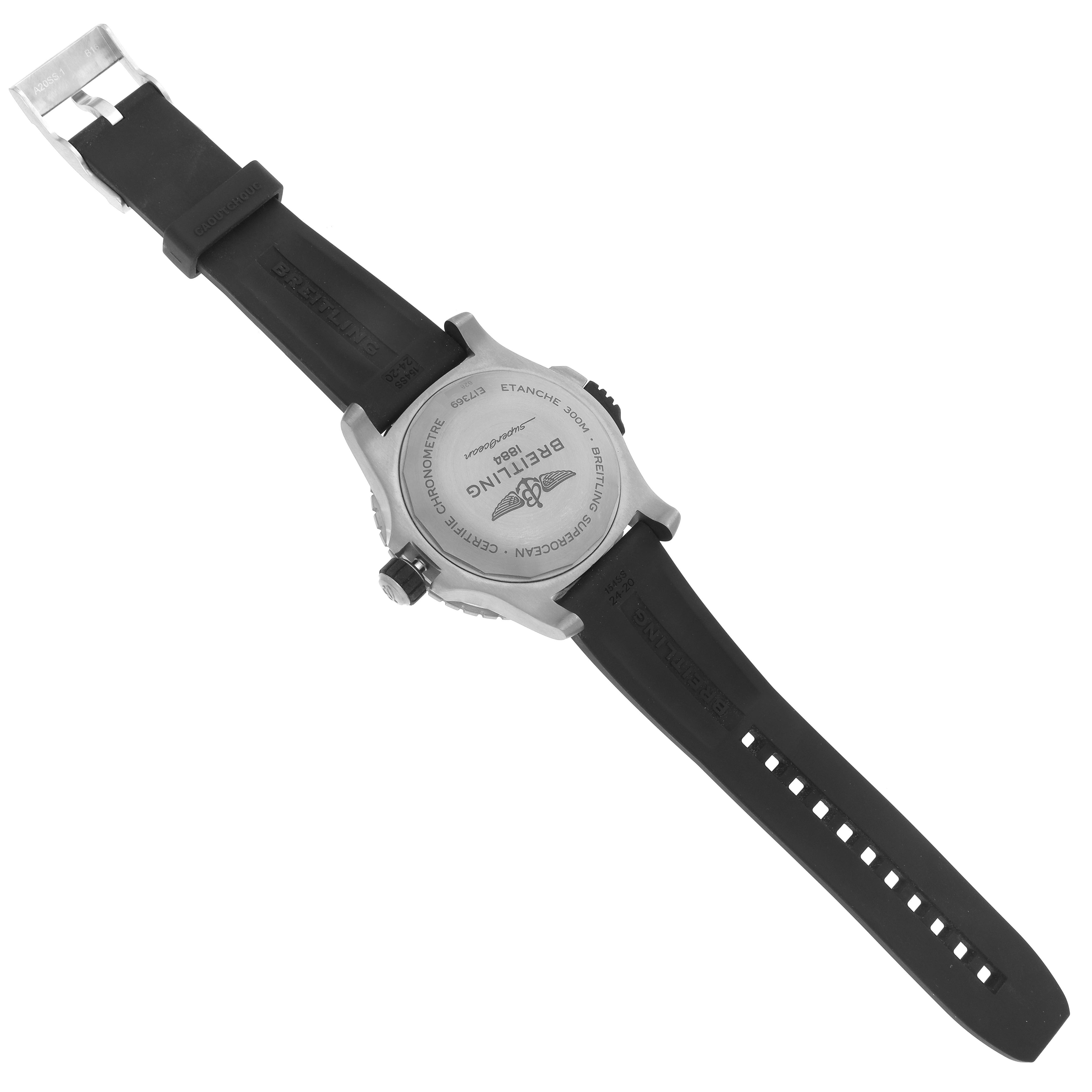 The Breitling Superocean E17369 Men's Titanium Yellow Dial E17369 Men's Titanium Yellow Dial watch is shown from the back at an angled view, displaying the case back, crown, and black strap.