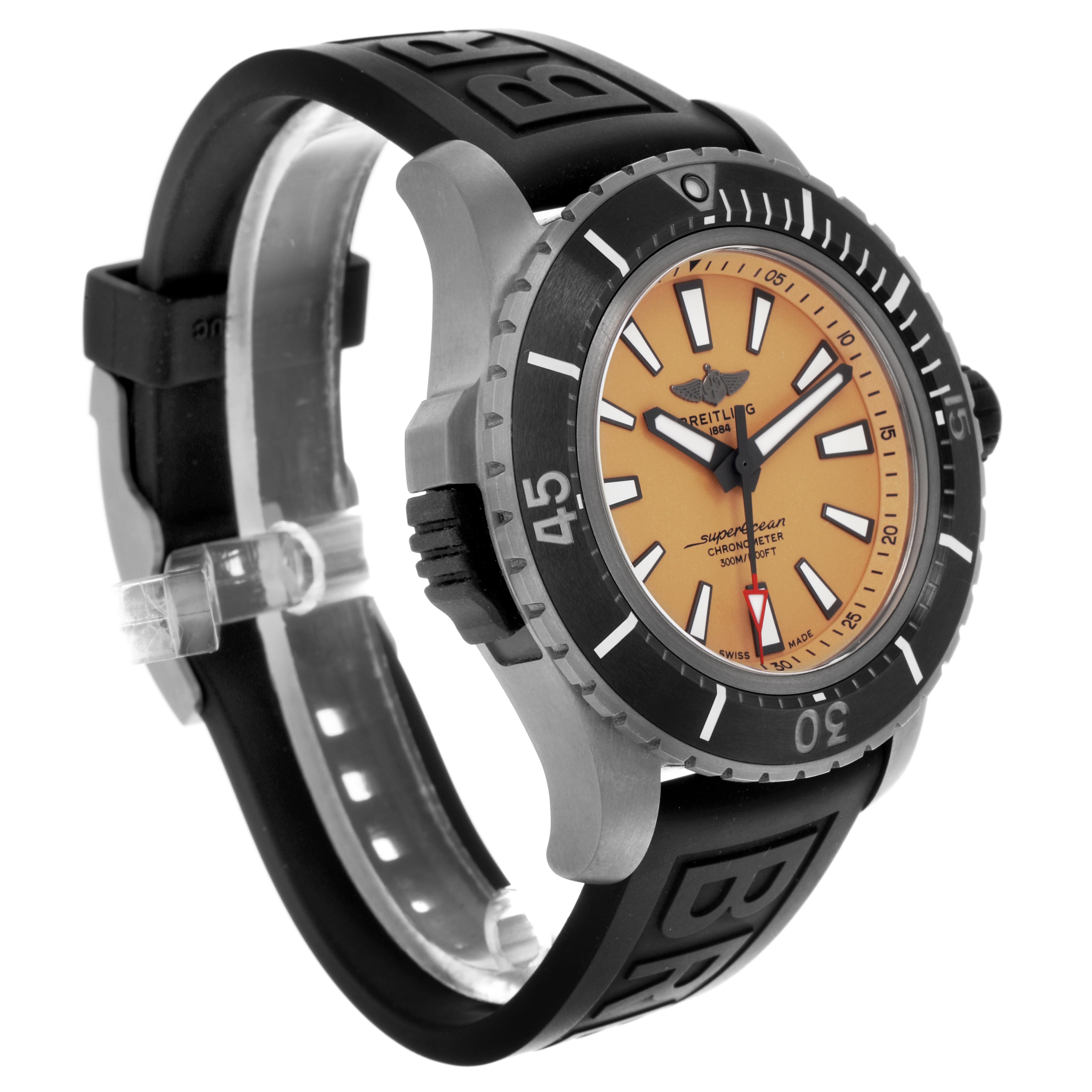 The Breitling Superocean E17369 Men's Titanium Yellow Dial E17369 Men's Titanium Yellow Dial watch is shown at a three-quarter angle, displaying the bezel, dial, and rubber strap.