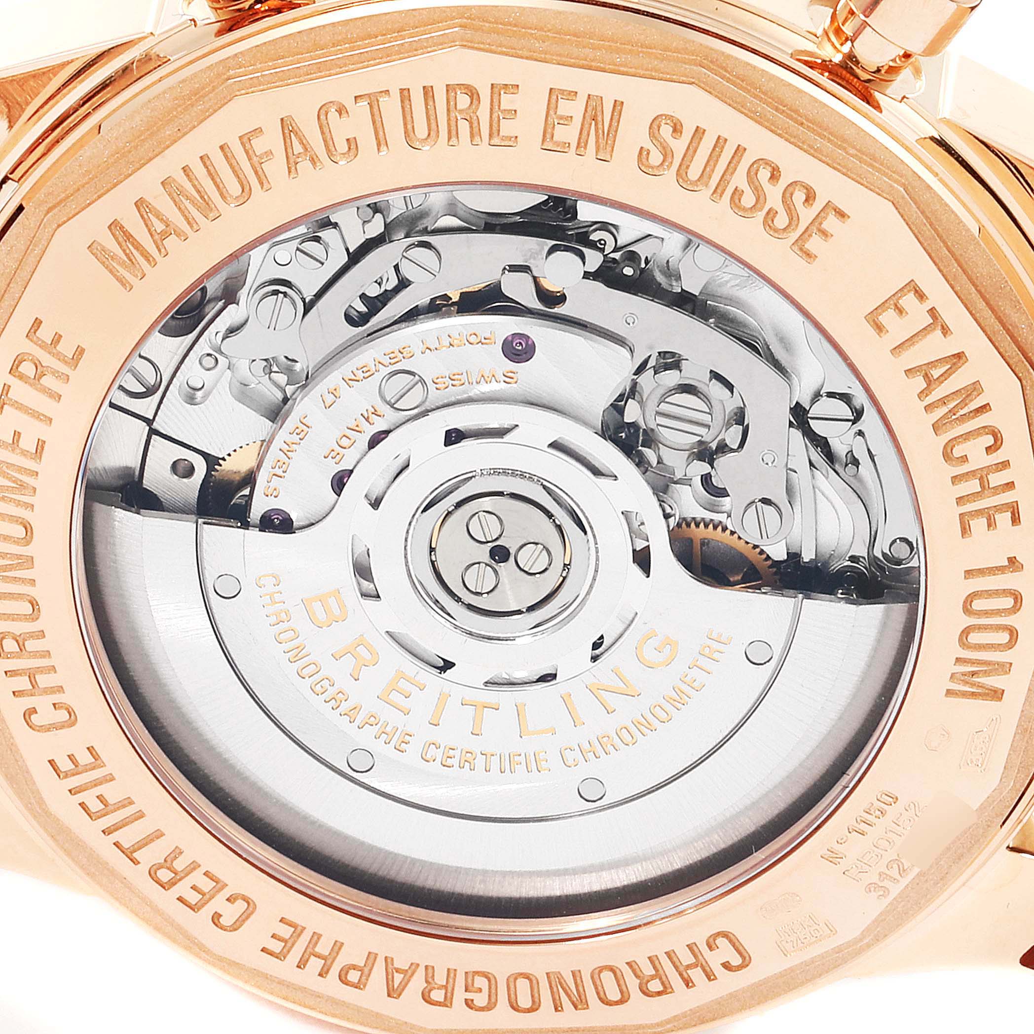 This image shows the back of a Breitling Transocean RB0152 Men's Rose Gold Silver Dial RB0152 Men's Rose Gold Silver Dial watch, revealing the intricate movement and inner mechanics.