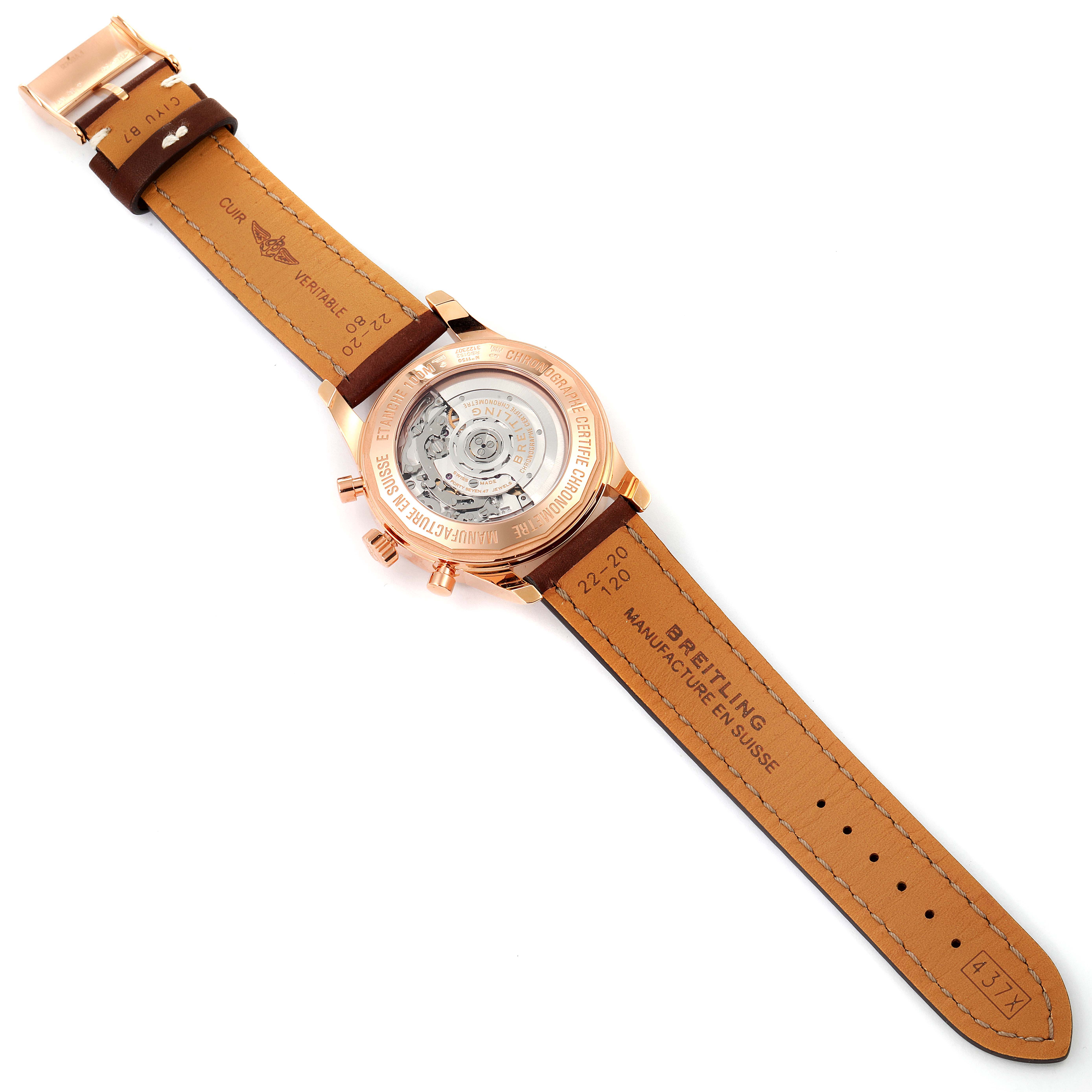 The image shows the back view of the Breitling Transocean RB0152 Men's Rose Gold Silver Dial RB0152 Men's Rose Gold Silver Dial watch, highlighting the leather straps and the transparent case back.