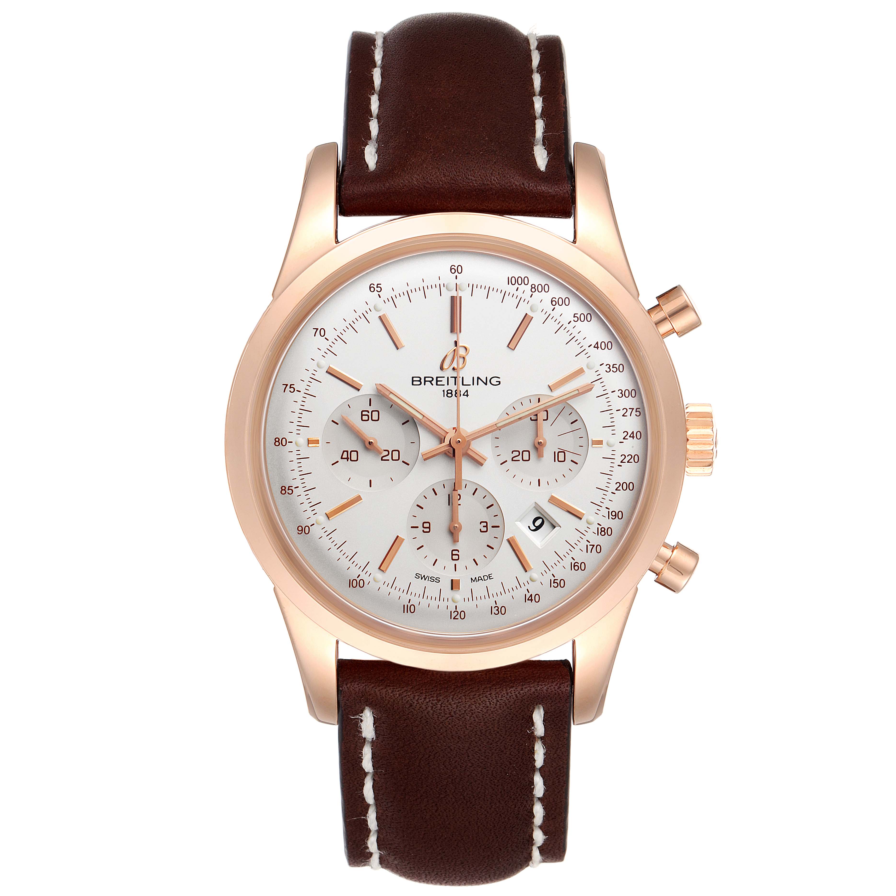 This image shows a front view of the Breitling Transocean RB0152 Men's Rose Gold Silver Dial RB0152 Men's Rose Gold Silver Dial watch, featuring a brown leather strap and a white dial with rose gold accents.