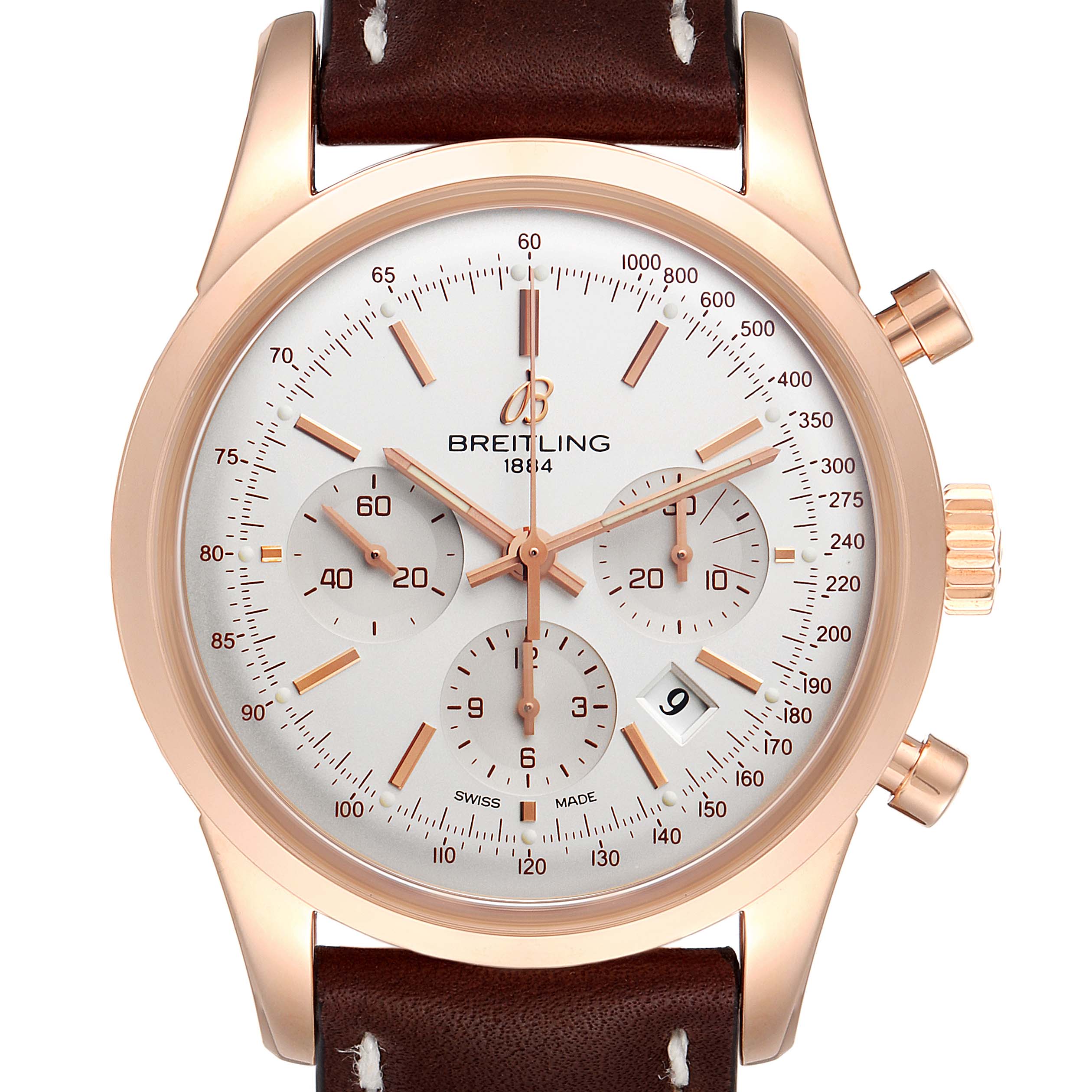 The image shows a front view of the Breitling Transocean RB0152 Men's Rose Gold Silver Dial RB0152 Men's Rose Gold Silver Dial watch, displaying its dial, crown, pushers, and leather strap.