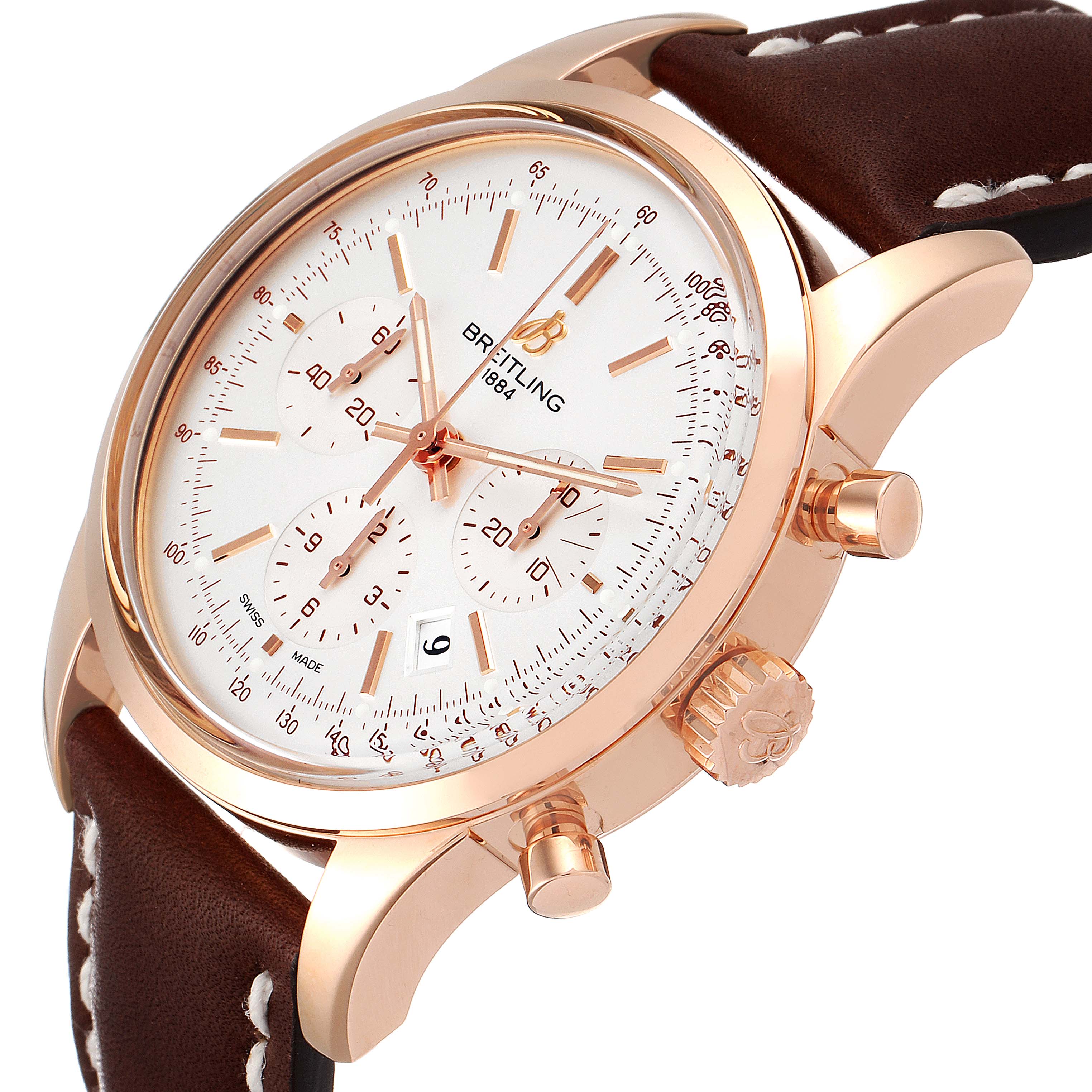 The image shows a close-up side view of a Breitling Transocean RB0152 Men's Rose Gold Silver Dial RB0152 Men's Rose Gold Silver Dial watch, highlighting the dial, case, crown, and leather strap.
