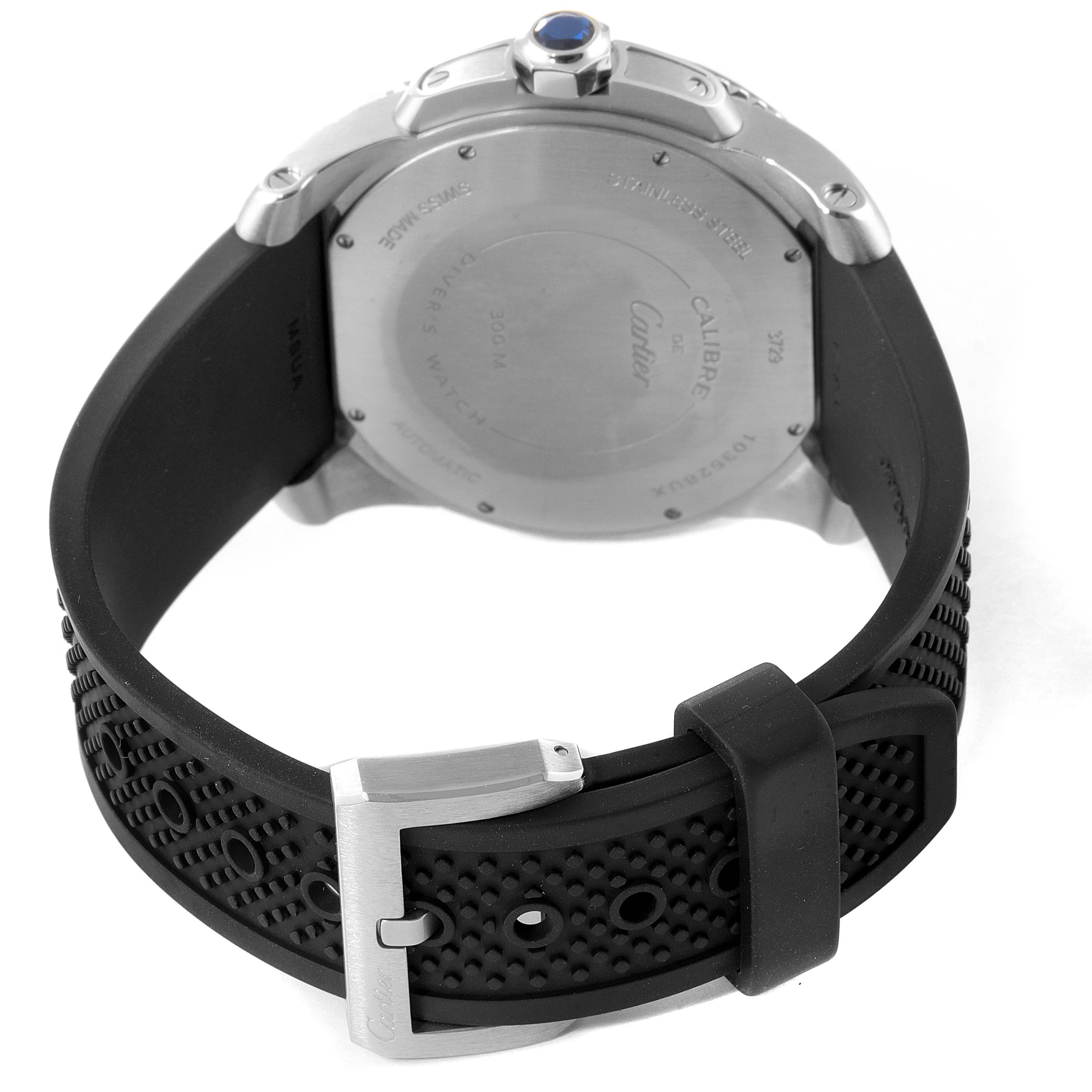 The image shows the back view of a Calibre de Cartier watch by Cartier, highlighting its case back, strap, and buckle.