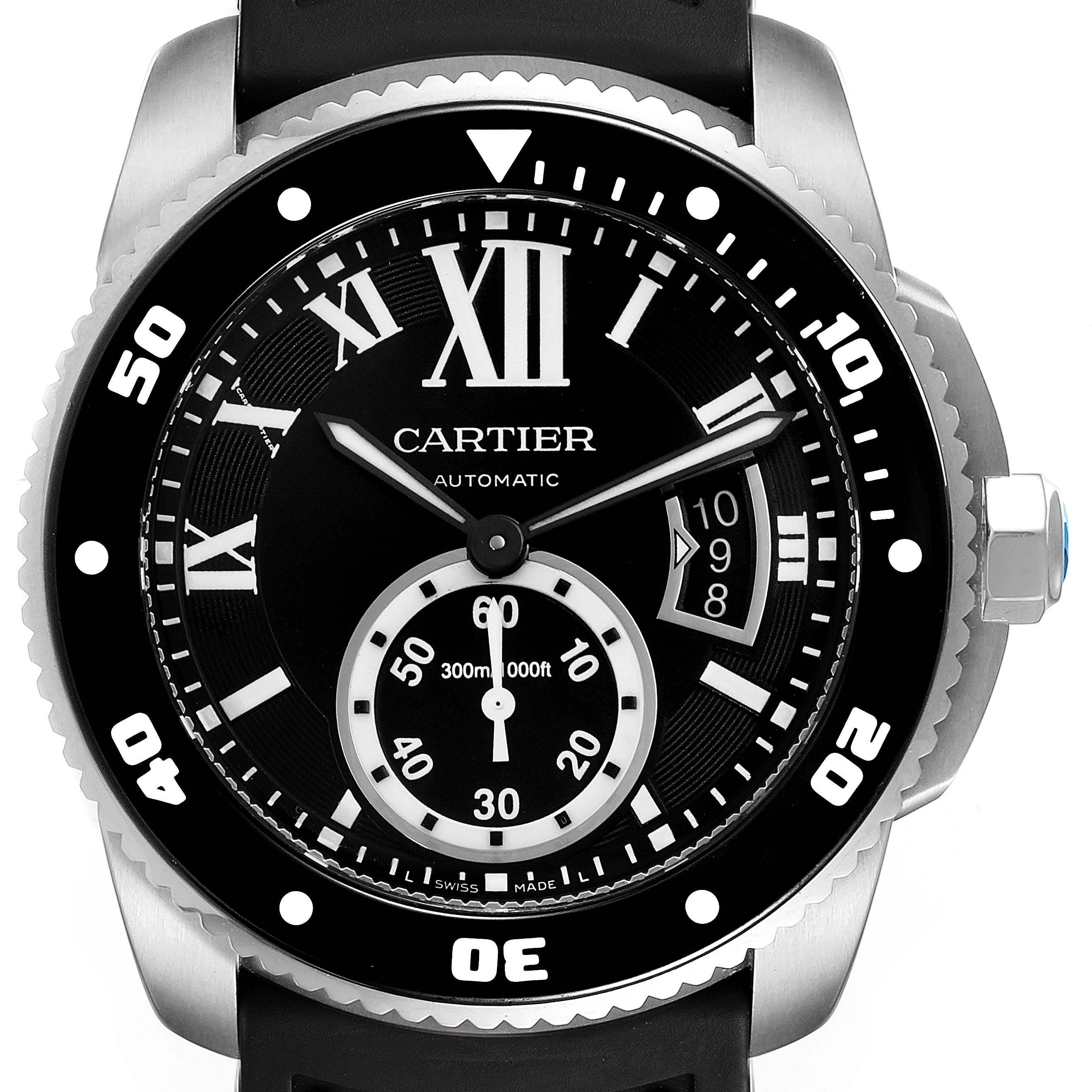 The image shows a front view of the Calibre de Cartier model by Cartier, highlighting the watch face, dial, and crown.