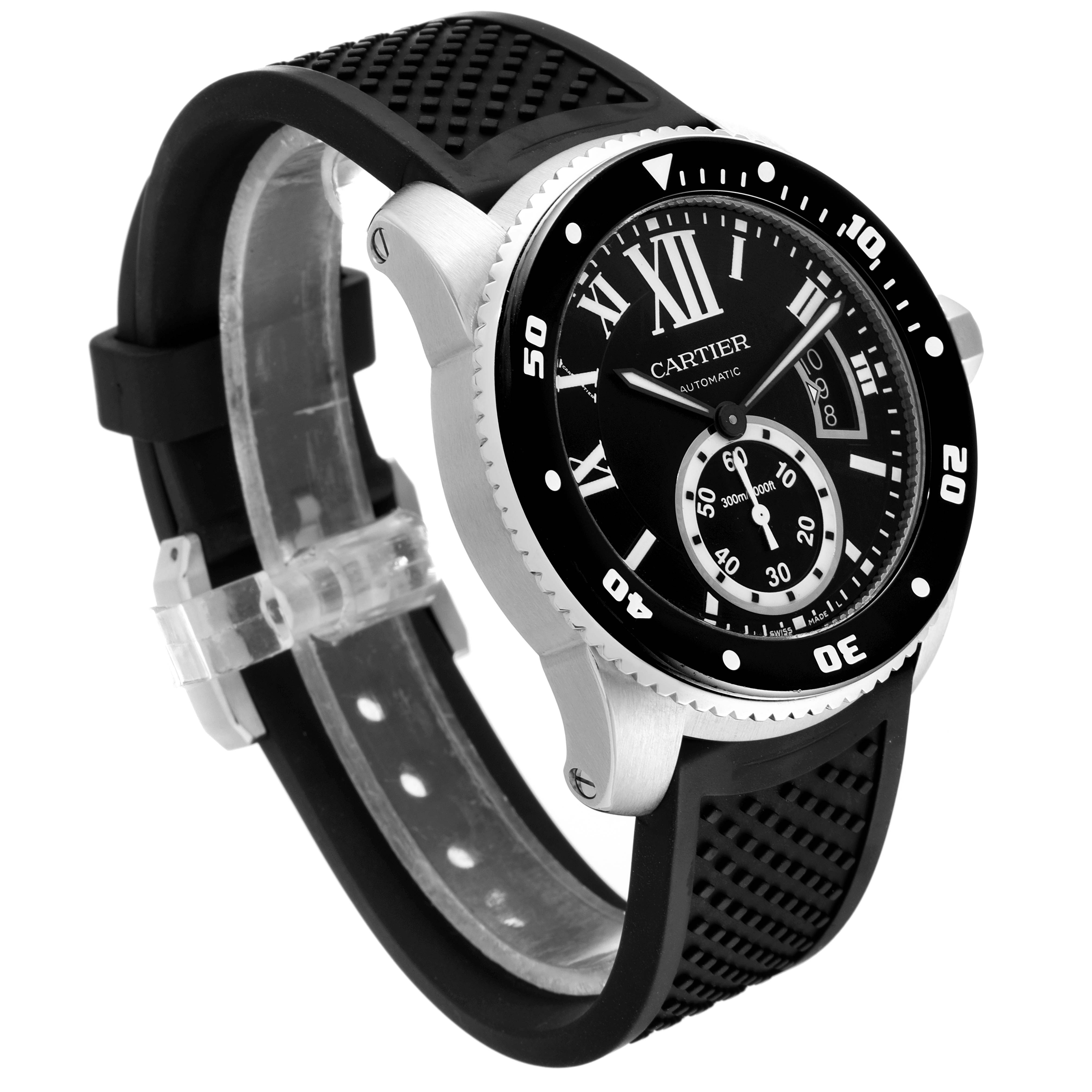The image shows a side-angle view of the Calibre de Cartier watch by Cartier, highlighting the black dial, bezel, and rubber strap.