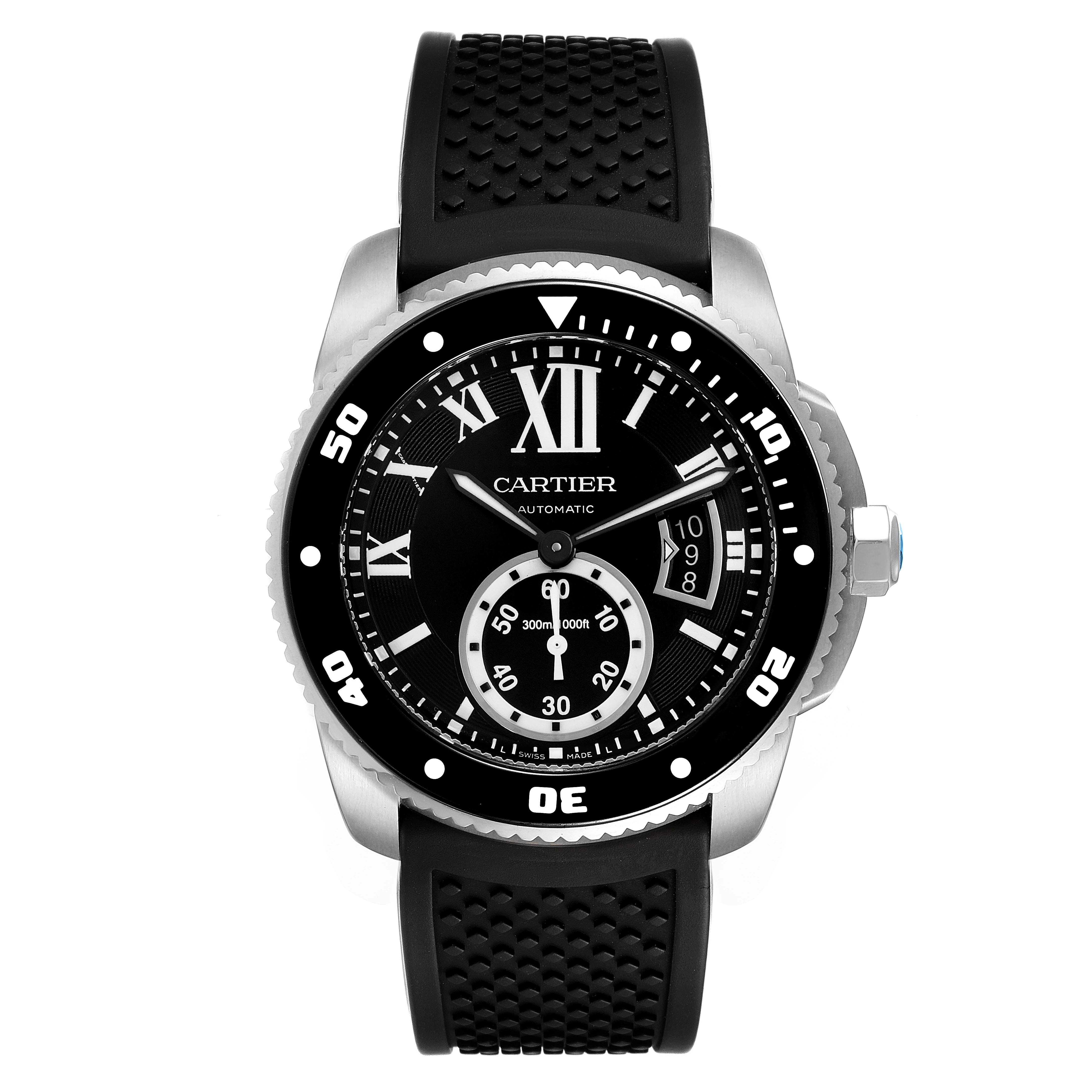 This image shows a front view of the Calibre de Cartier watch by Cartier, displaying the dial, crown, and rubber strap.