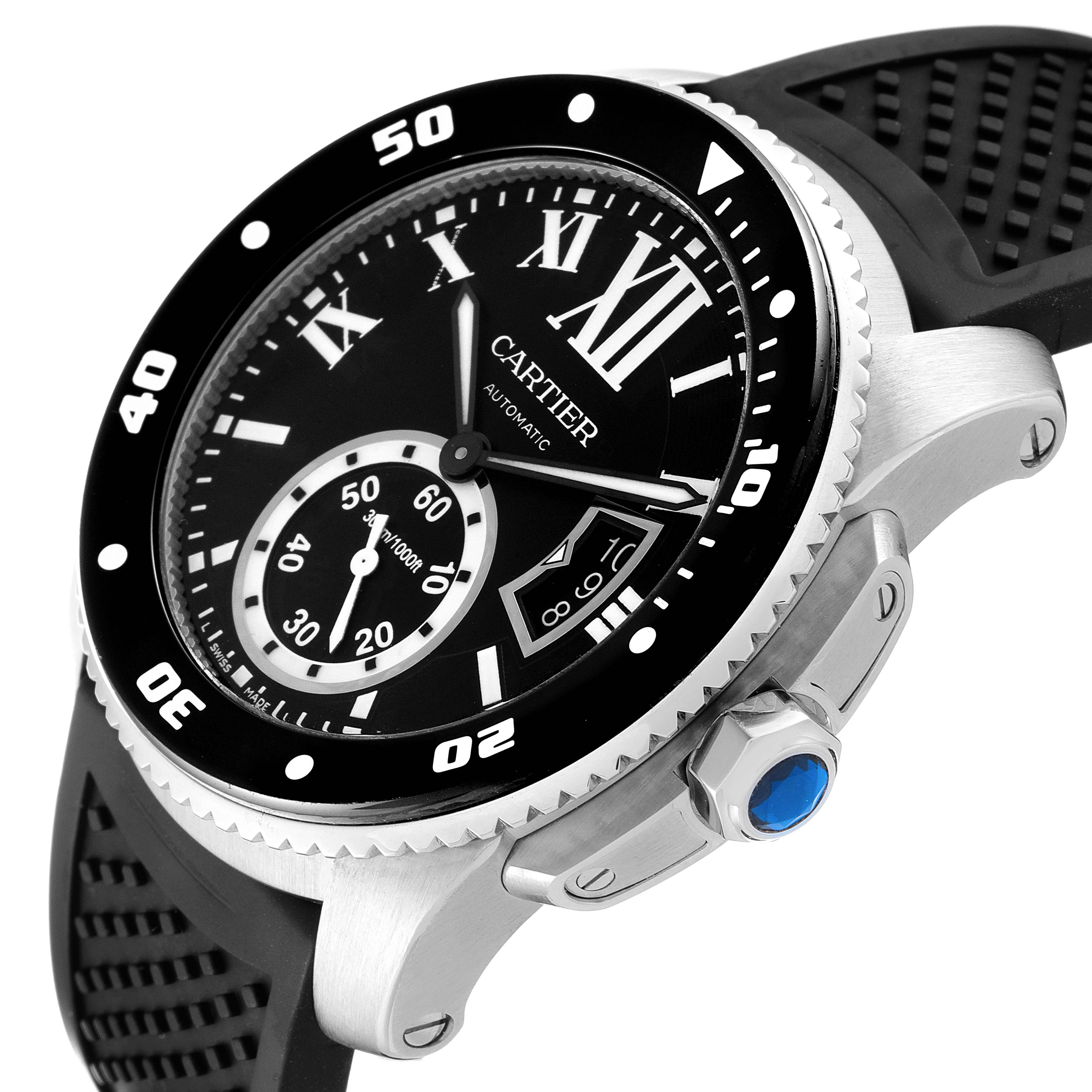 The image shows a Calibre de Cartier watch from Cartier with a close-up angle highlighting the dial, bezel, and crown.