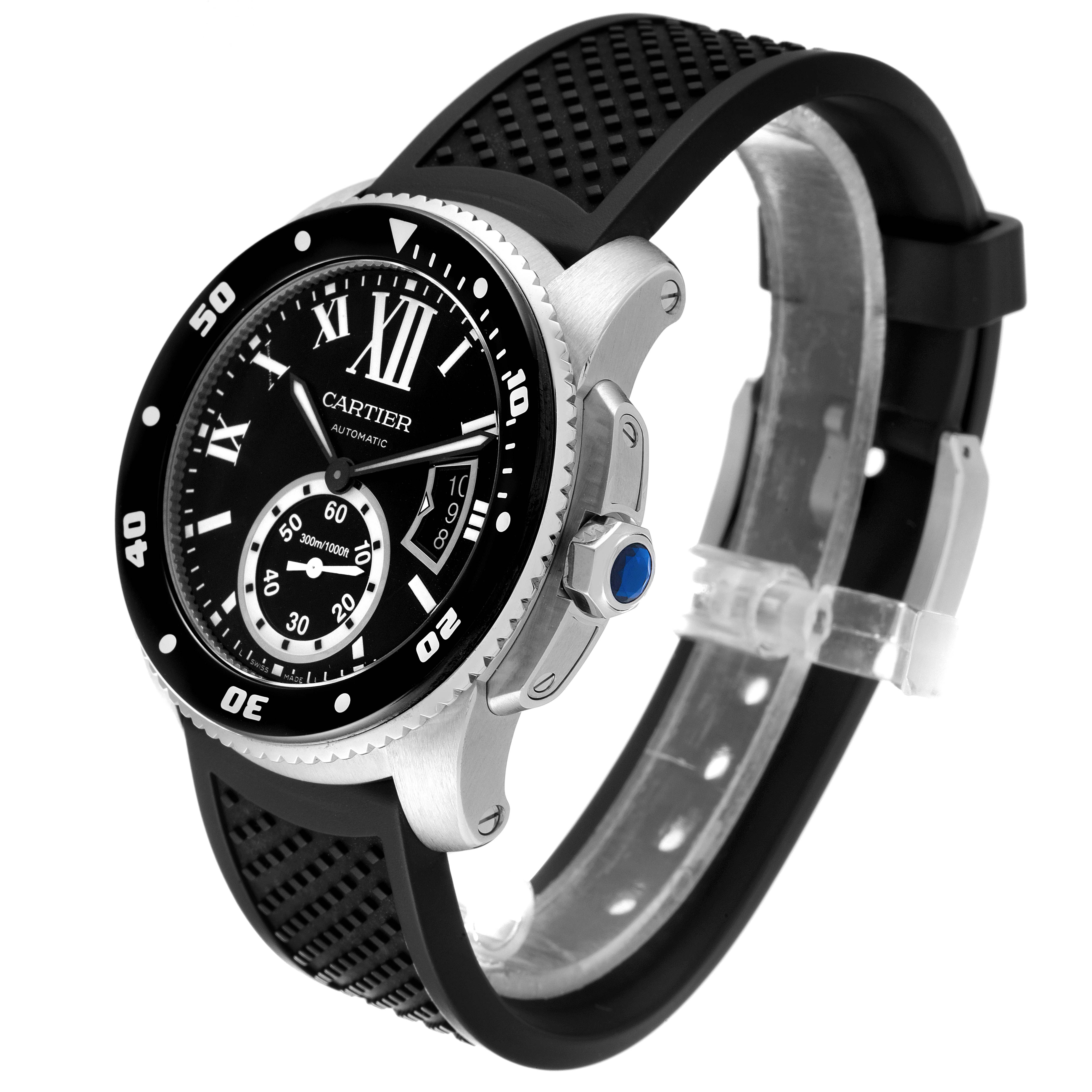 The image showcases a side and partial front view of the Calibre de Cartier watch by Cartier, highlighting the bezel, dial, and strap.