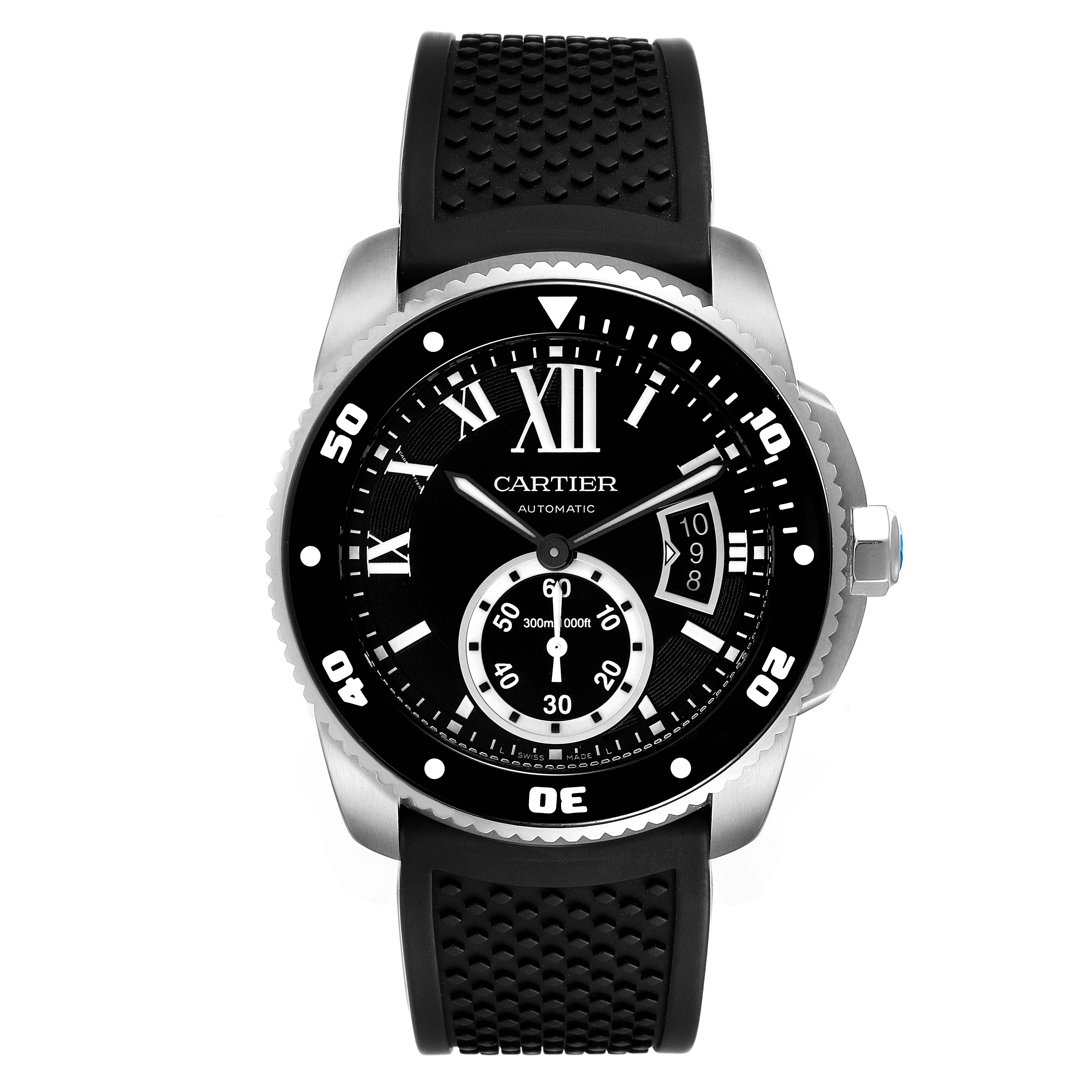 The image shows a front view of the Calibre de Cartier watch by Cartier, highlighting its dial, bezel, and strap.