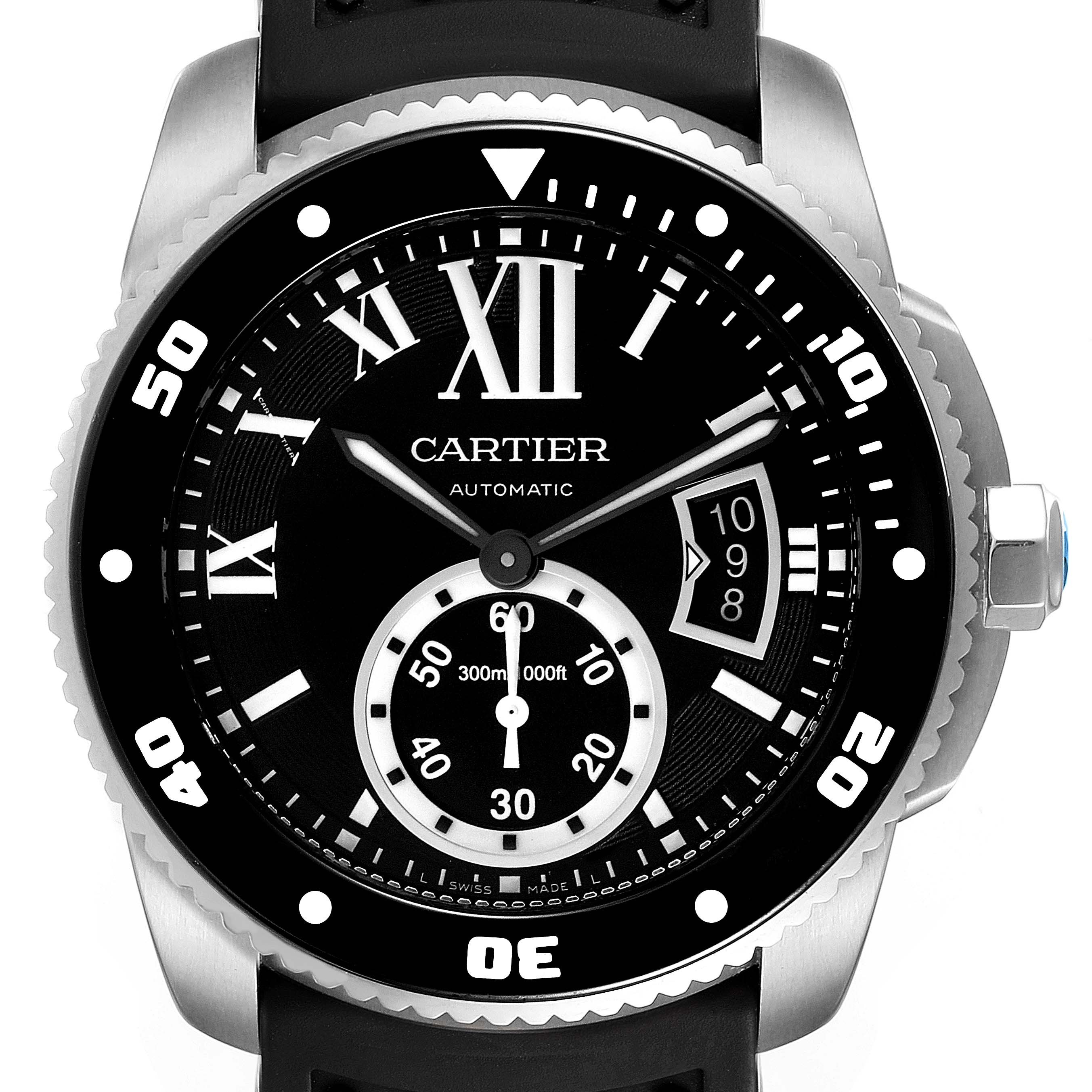 The image shows the front view of a Calibre de Cartier watch by Cartier, highlighting the dial, hands, bezel, and crown.