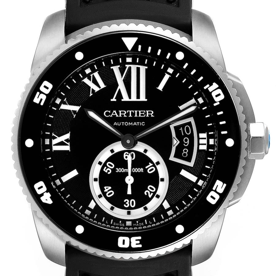 Cartier Calibre Diver Rubber Strap Steel Mens Watch W7100056 Box Papers SwissWatchExpo