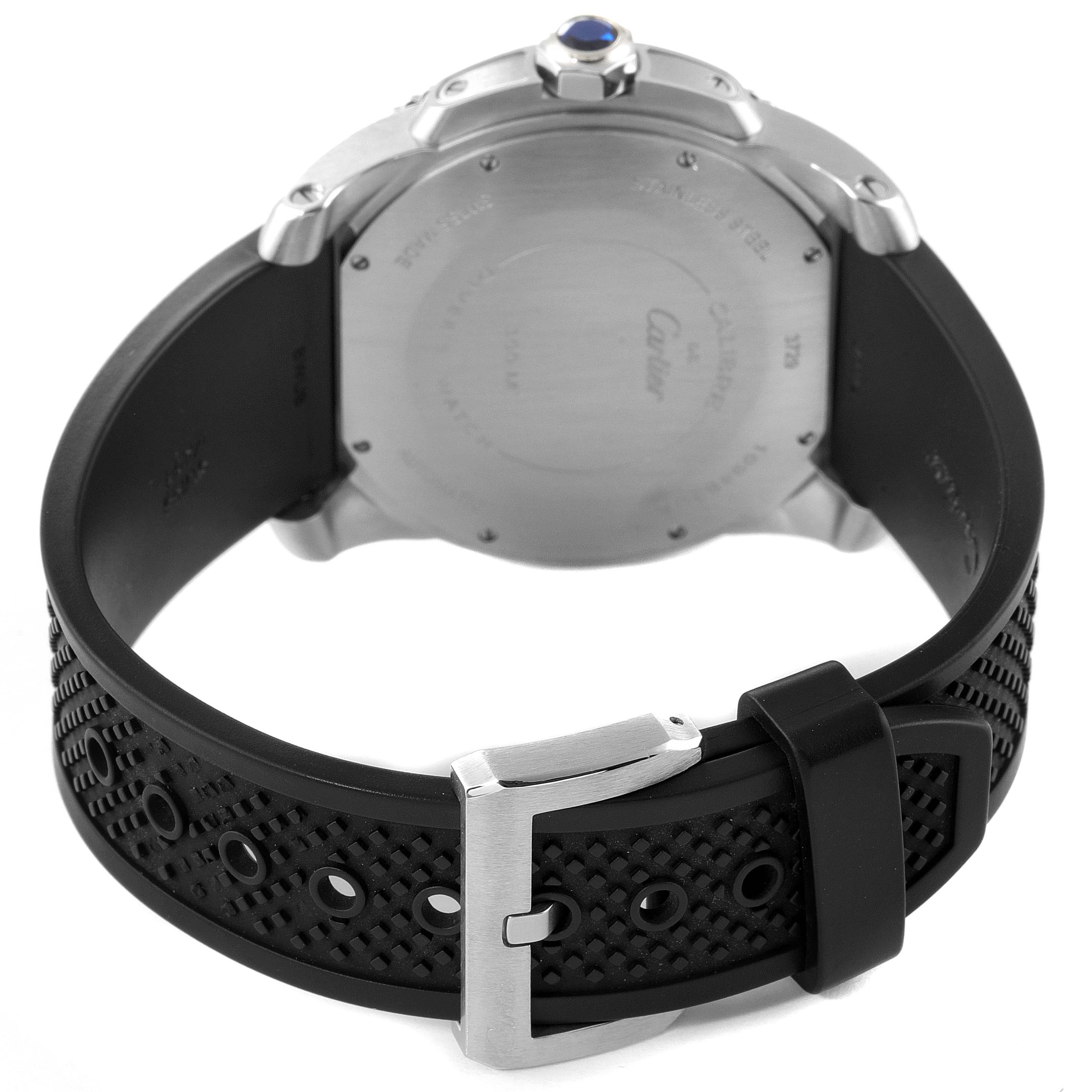 The image shows the back and strap of a Calibre de Cartier watch by Cartier, taken from a rear angle.