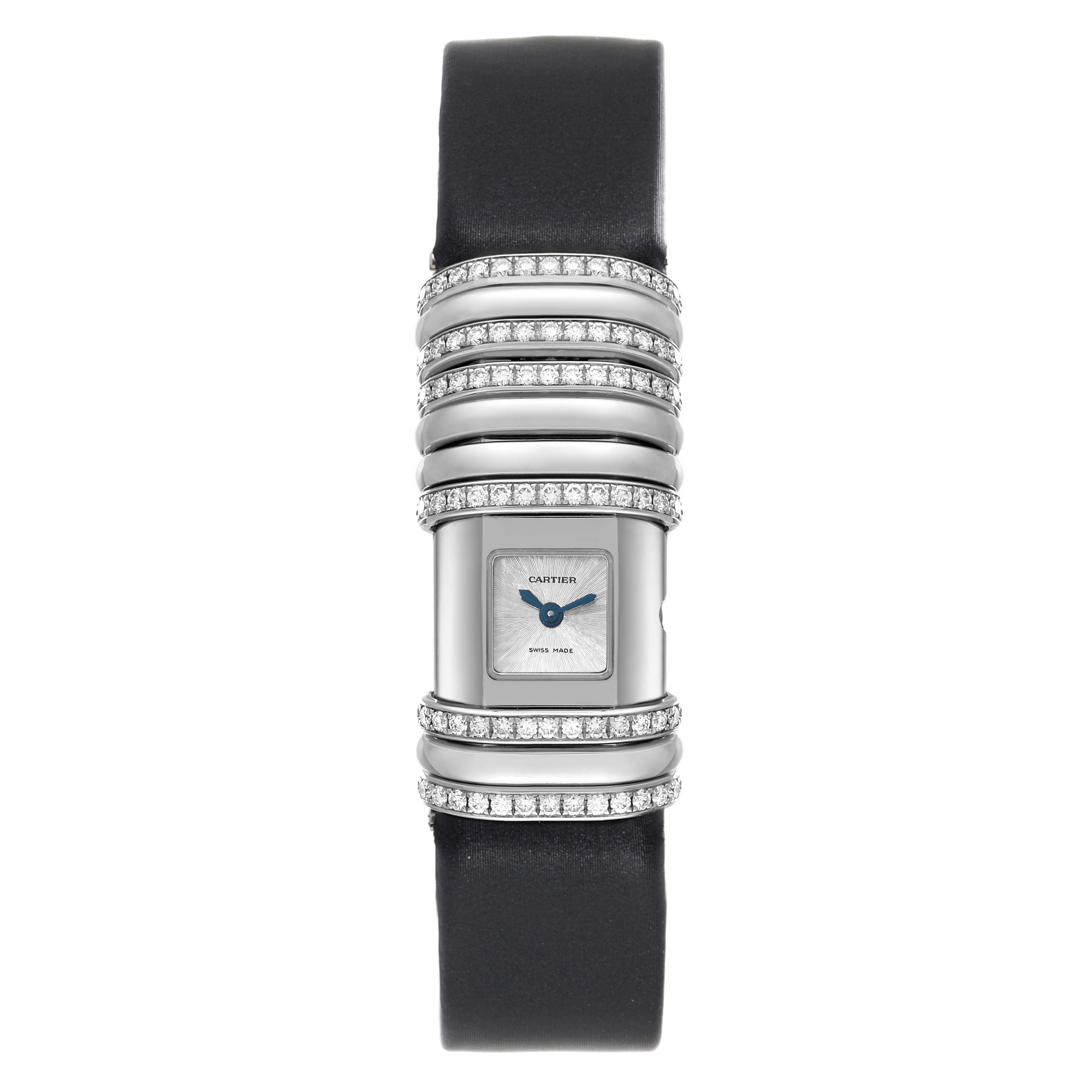 The image shows a front view of a Cartier Declaration WT000450 Women's Titanium Silver Dial WT000450 Women's Titanium Silver Dial model watch, featuring a diamond-encrusted bezel and a black leather strap.