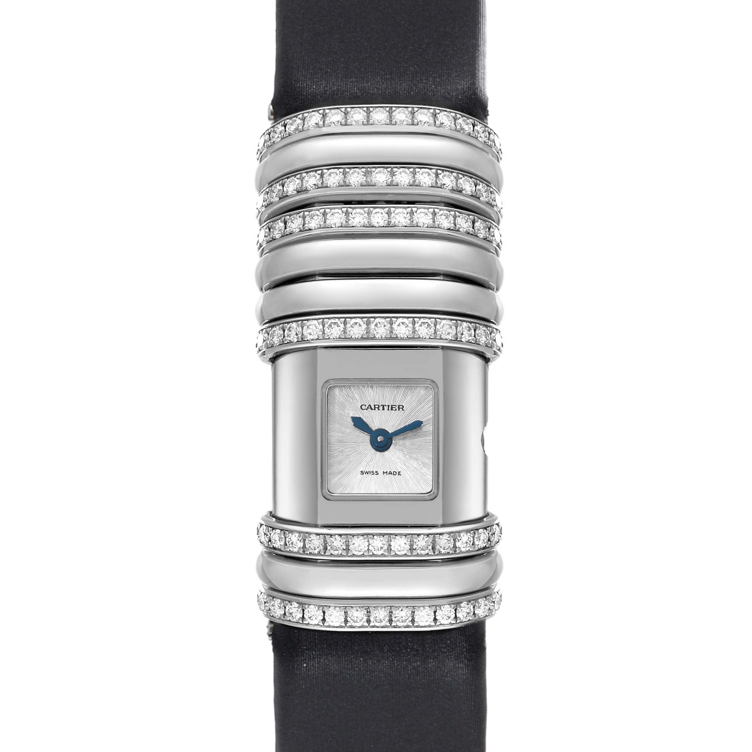 The Cartier Declaration WT000450 Women's Titanium Silver Dial WT000450 Women's Titanium Silver Dial model watch is shown from a top view, highlighting its face and diamond-embellished bands.