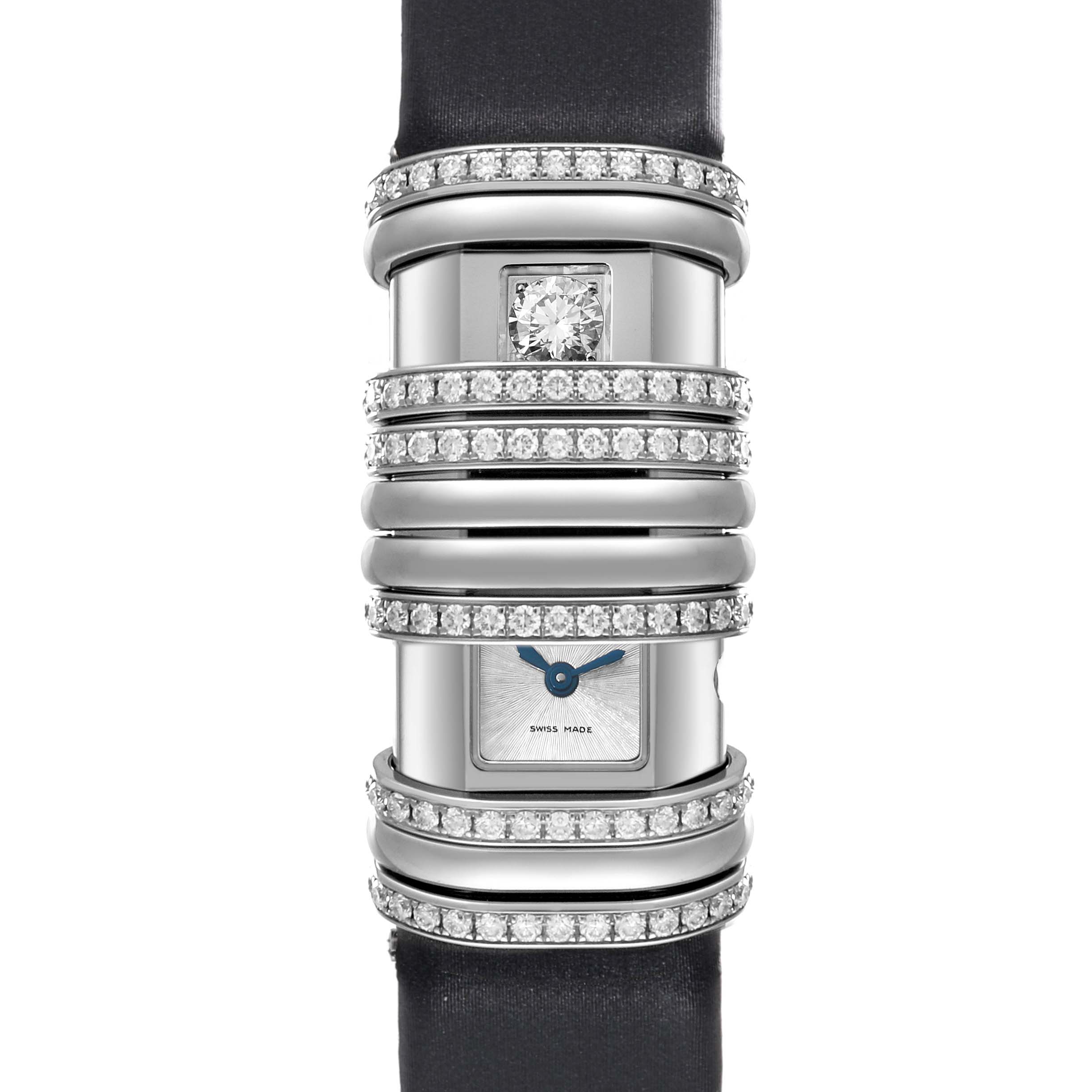 This image shows a close-up of the Declaration model by Cartier, highlighting its diamond-studded band and face.