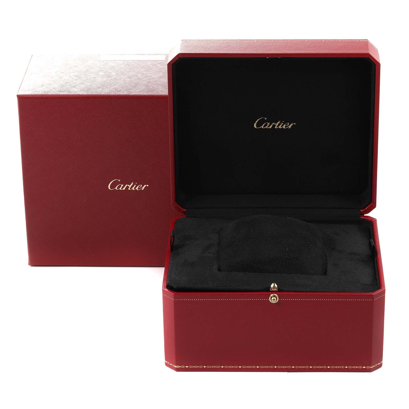 The image shows an empty red Cartier box with black interior lining, designed for the Declaration model watch.