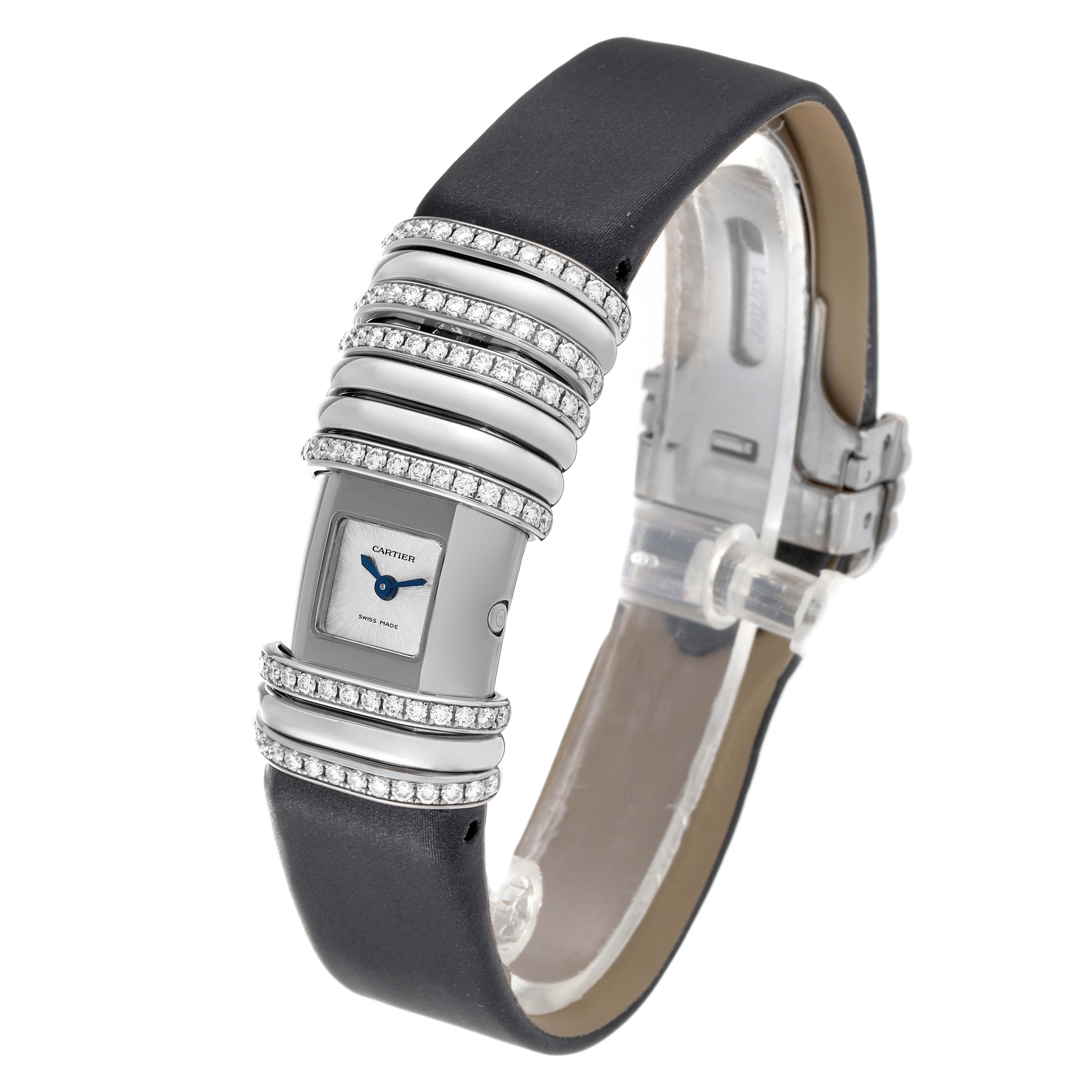 The Cartier Declaration WT000450 Women's Titanium Silver Dial WT000450 Women's Titanium Silver Dial model watch is shown at a slight side angle, displaying its face, strap, and part of the clasp.