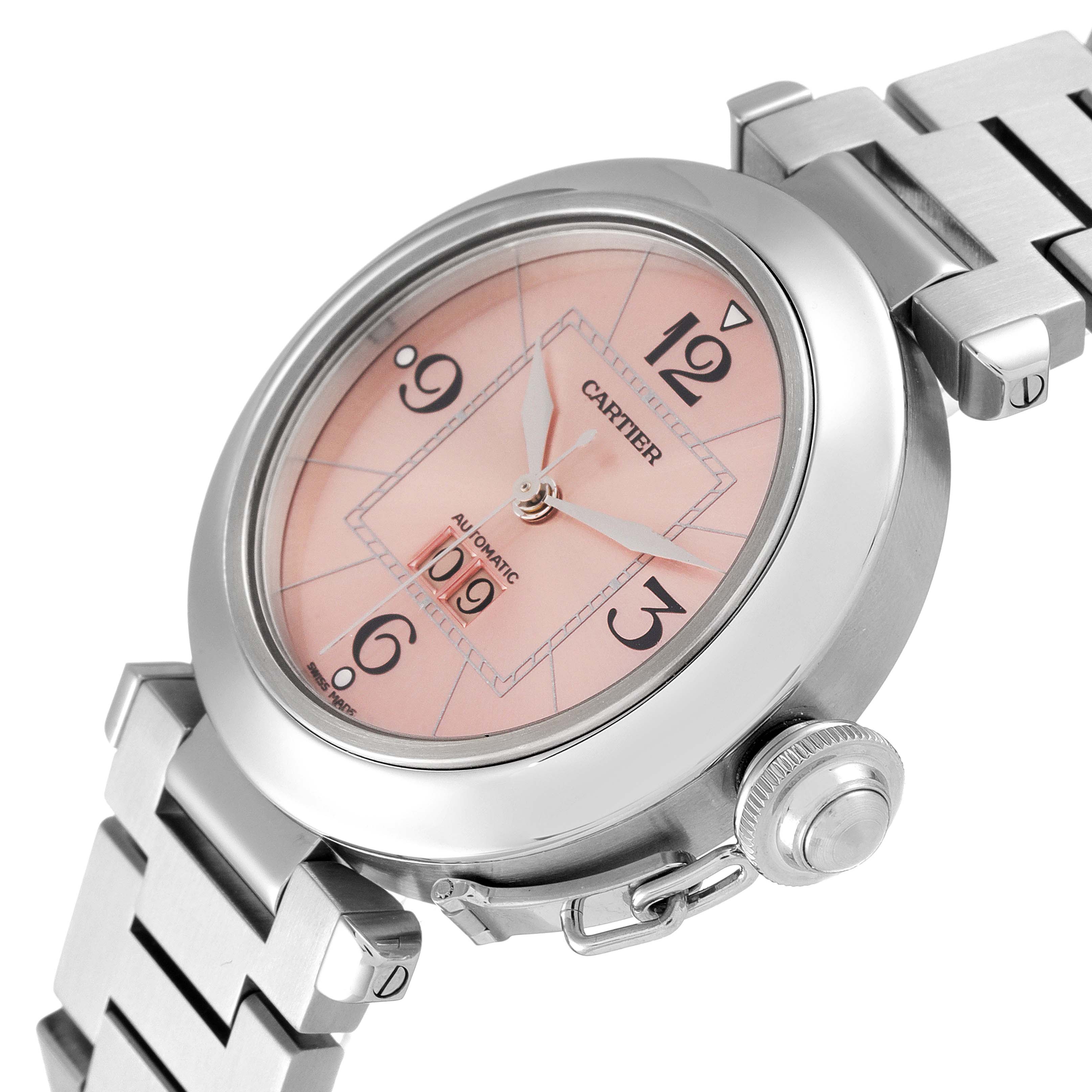 This image shows a close-up of a Cartier Pasha W31058M7 Women
s Stainless Steel Pink Dial W31058M7 Women
s Stainless Steel Pink Dial watch, focusing on the watch face, crown, and part of the bracelet.